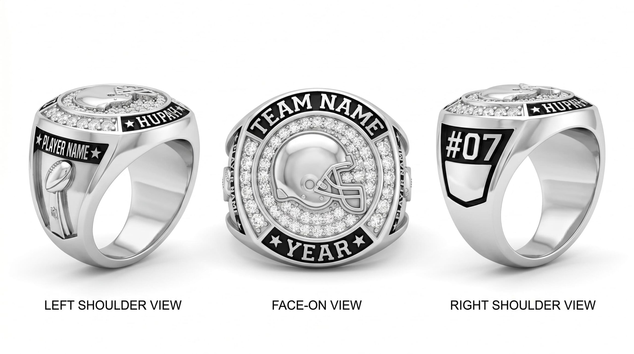 Gridiron Legend football championship ring 925 silver three-panel view — ClassRingAI
