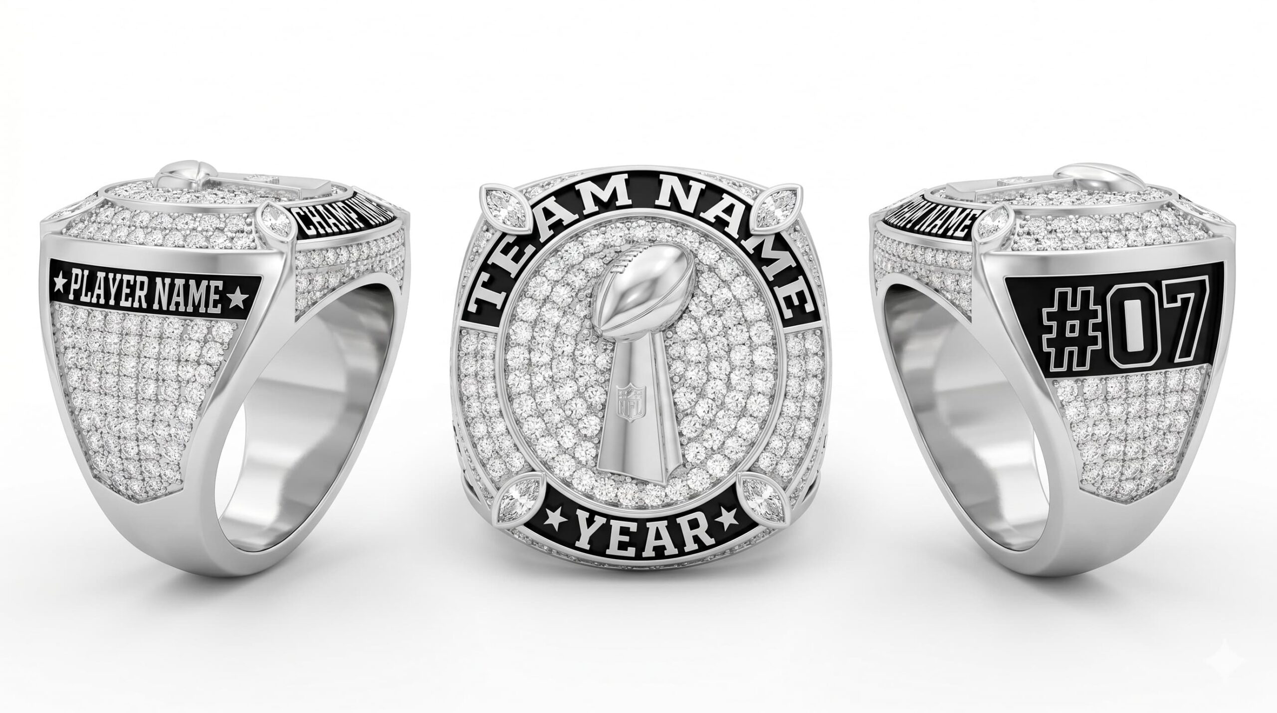 Iron Shield football championship ring shield bezel sapphire blue three-panel view — ClassRingAI