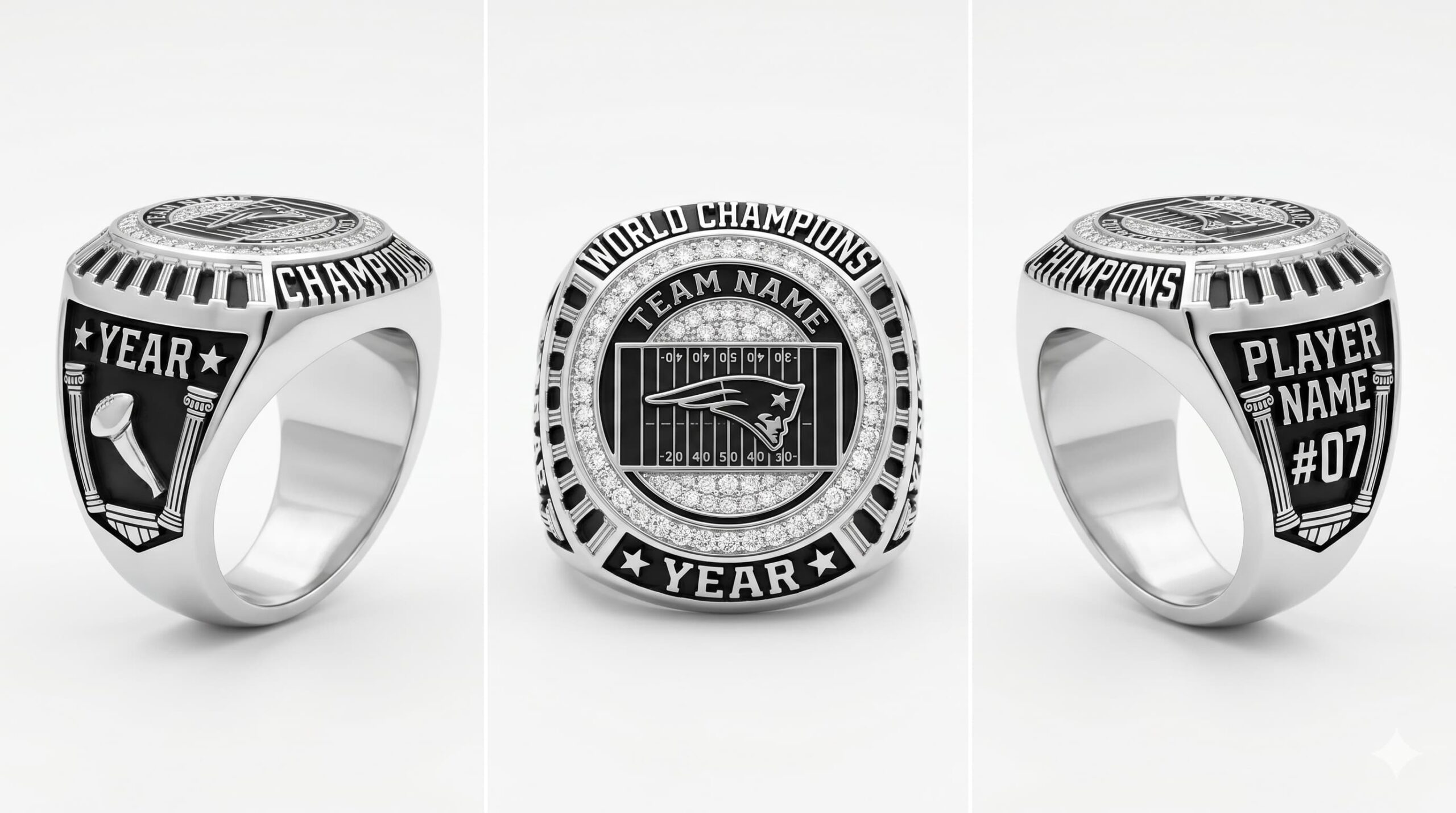 Stadium Crown football championship ring rink layout crystal pave three-panel view — ClassRingAI