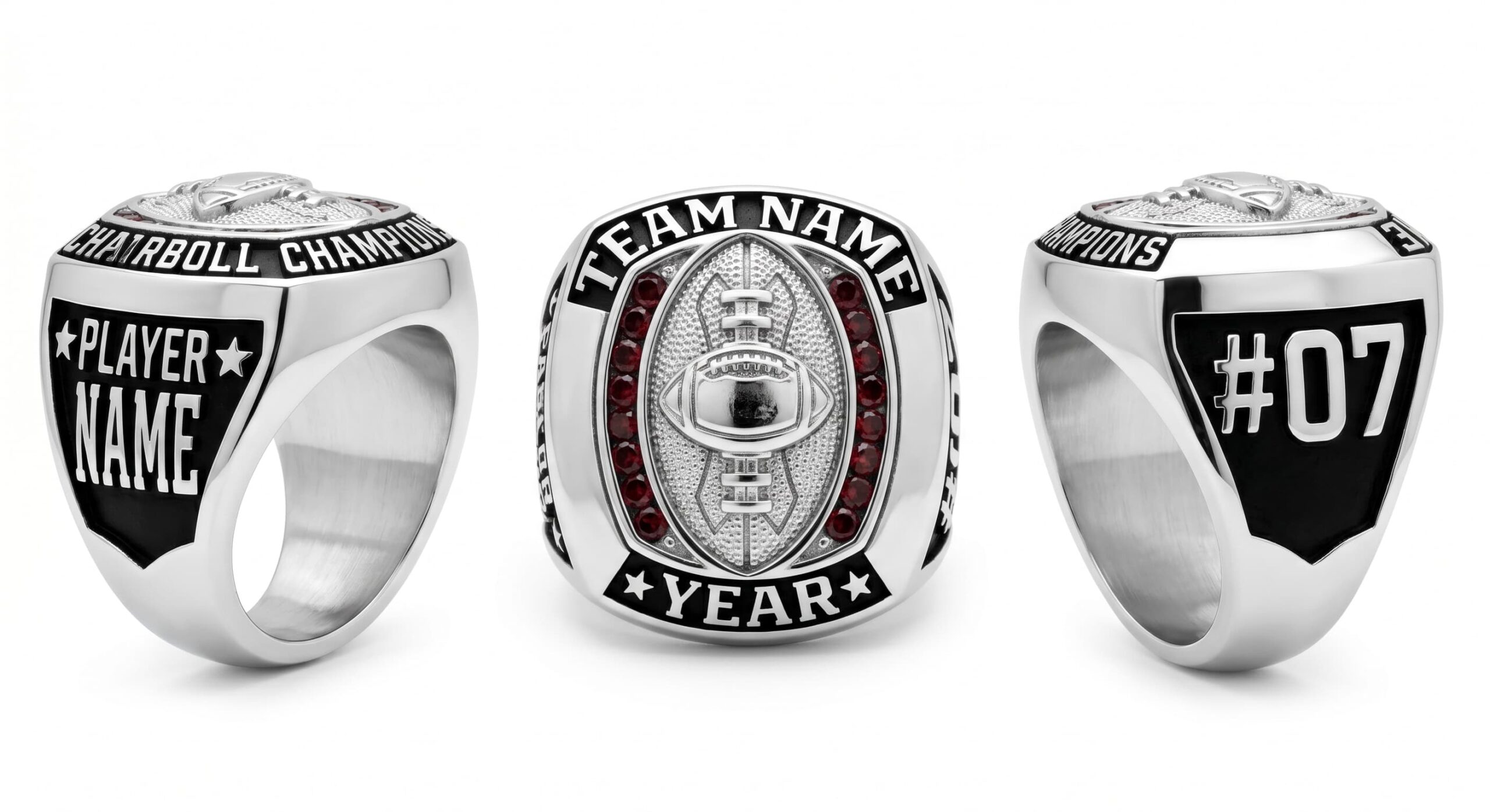 Diamond Blitz football championship ring full pave white crystal three-panel view — ClassRingAI