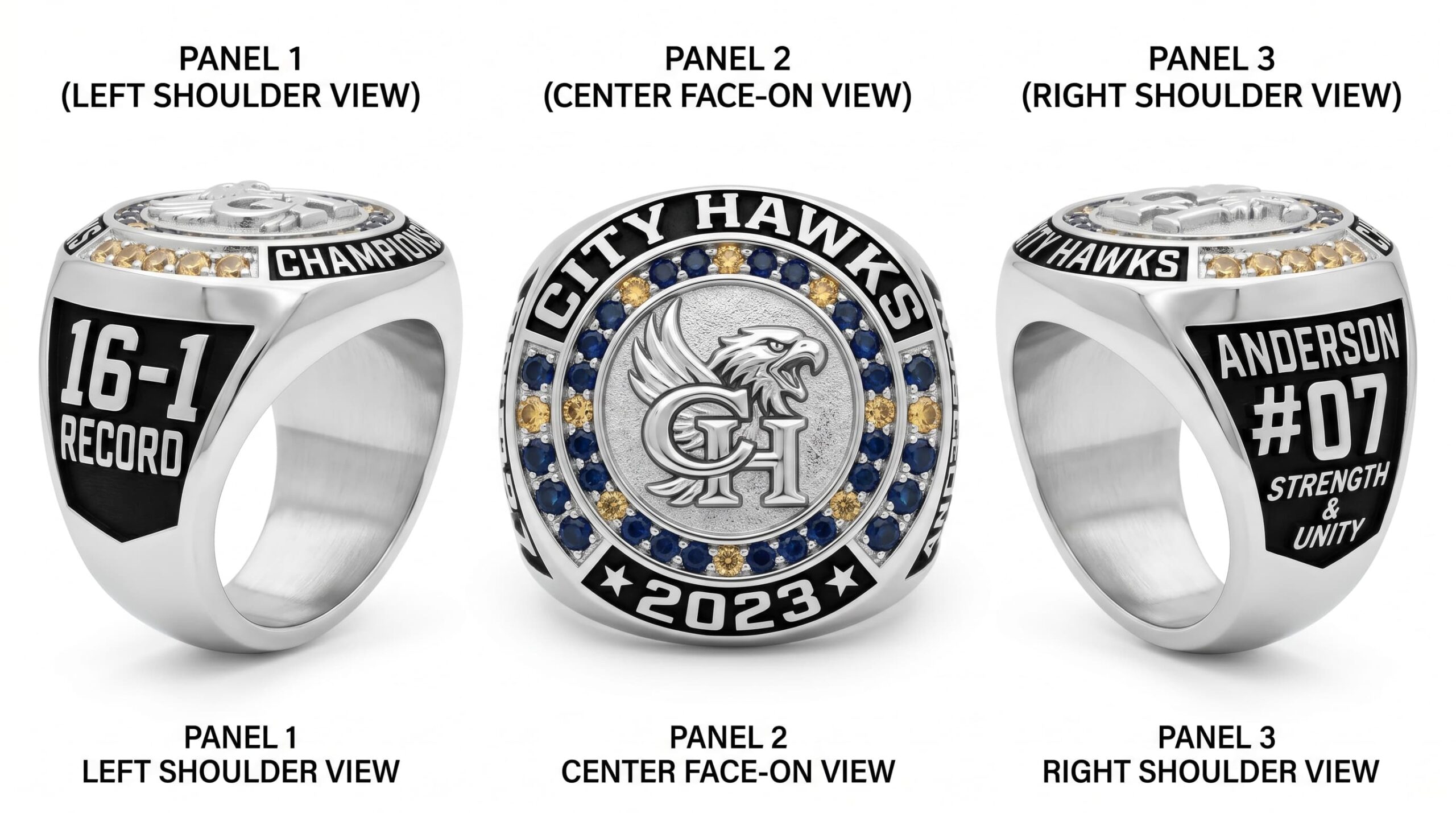 Legacy Vault football championship ring mascot crest team colors three-panel view — ClassRingAI