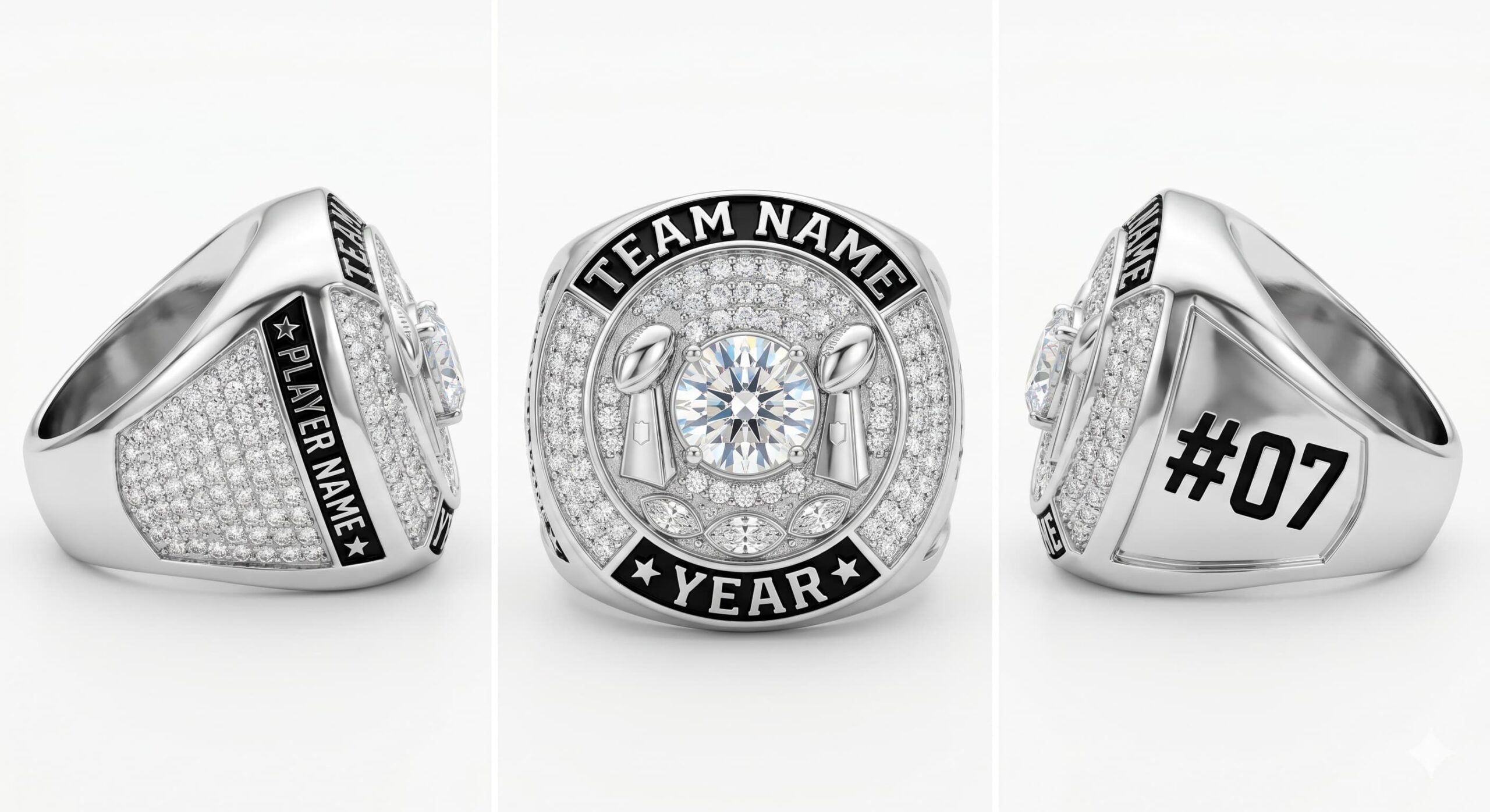 Elite Commander luxury football championship ring moissanite ice blue 150 pave crystals three-panel view — ClassRingAI