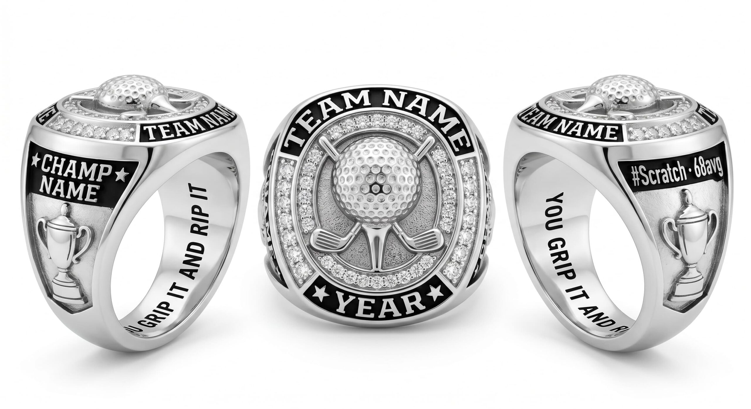 Birdie King golf championship ring 925 silver three-panel view — ClassRingAI