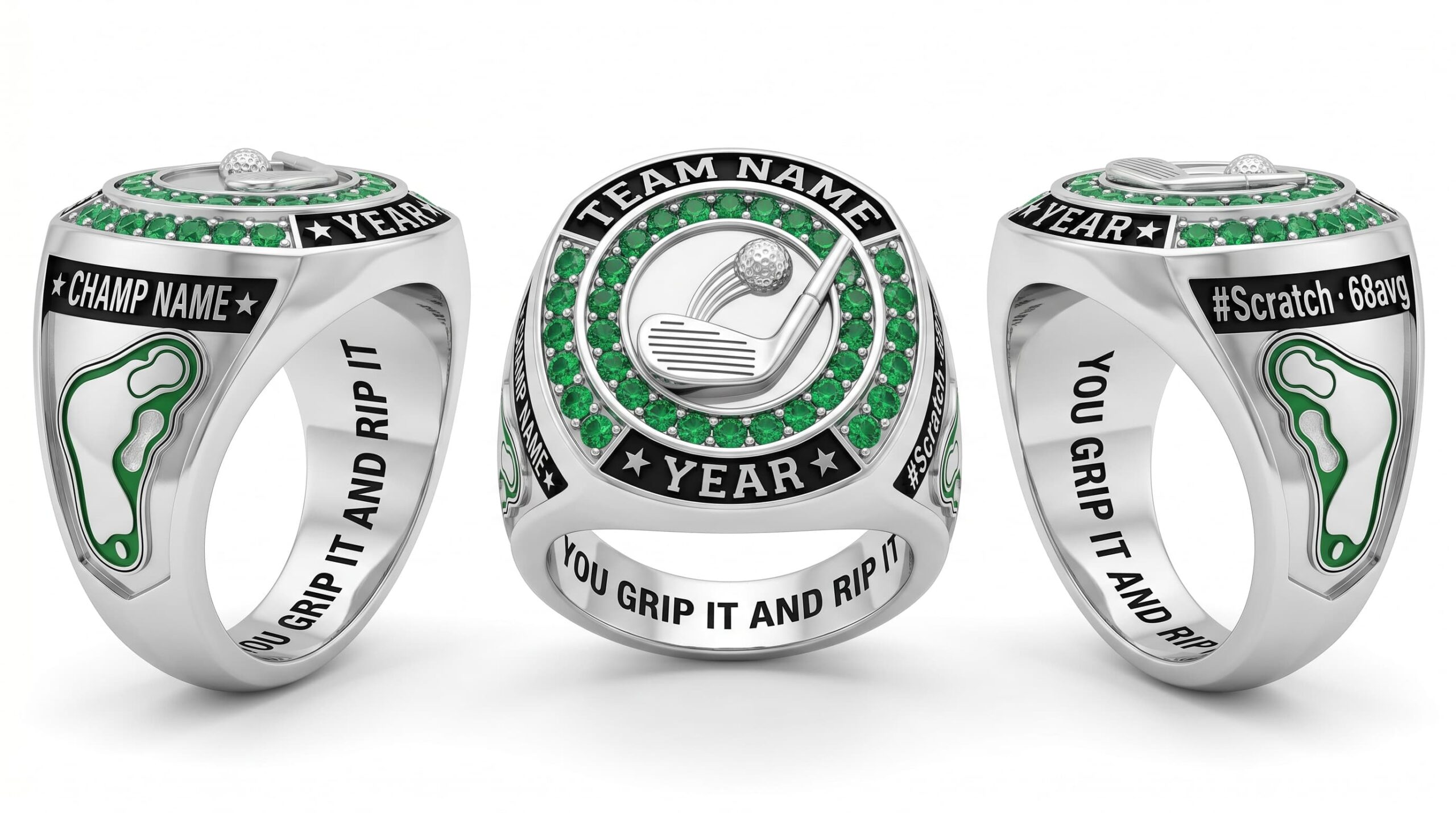 Eagle Master golf championship ring shield bezel sapphire blue three-panel view — ClassRingAI