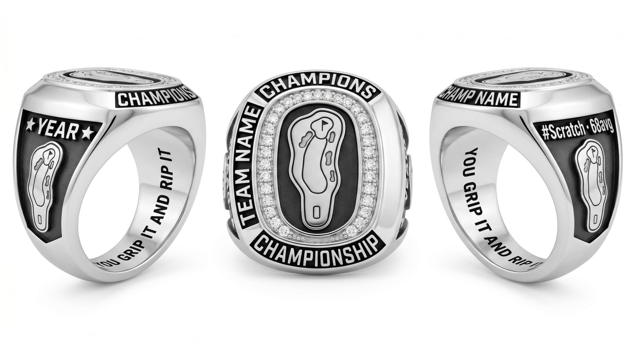 Course Record golf championship ring rink layout crystal pave three-panel view — ClassRingAI