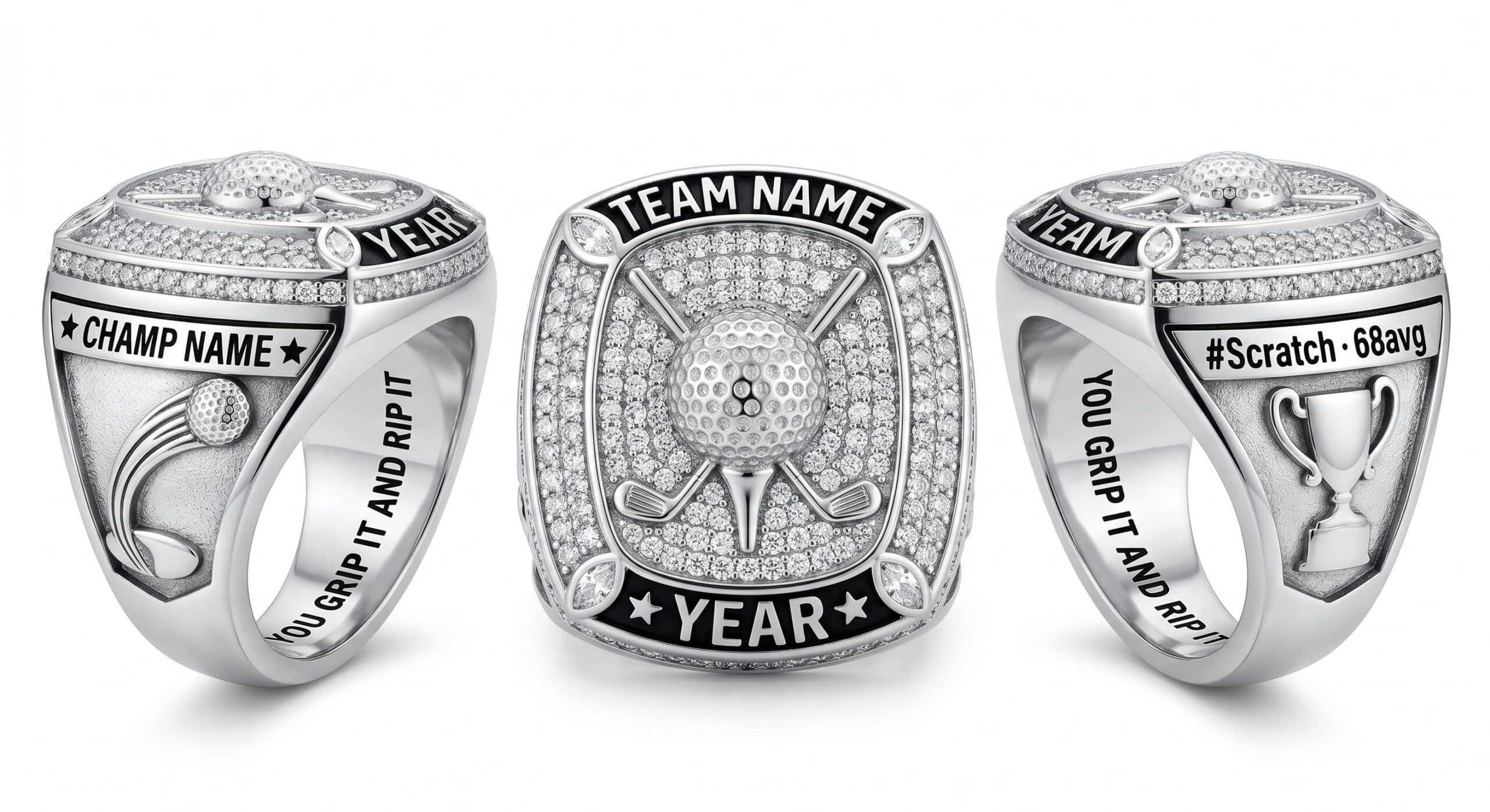 Full Card golf championship ring full pave white crystal three-panel view — ClassRingAI