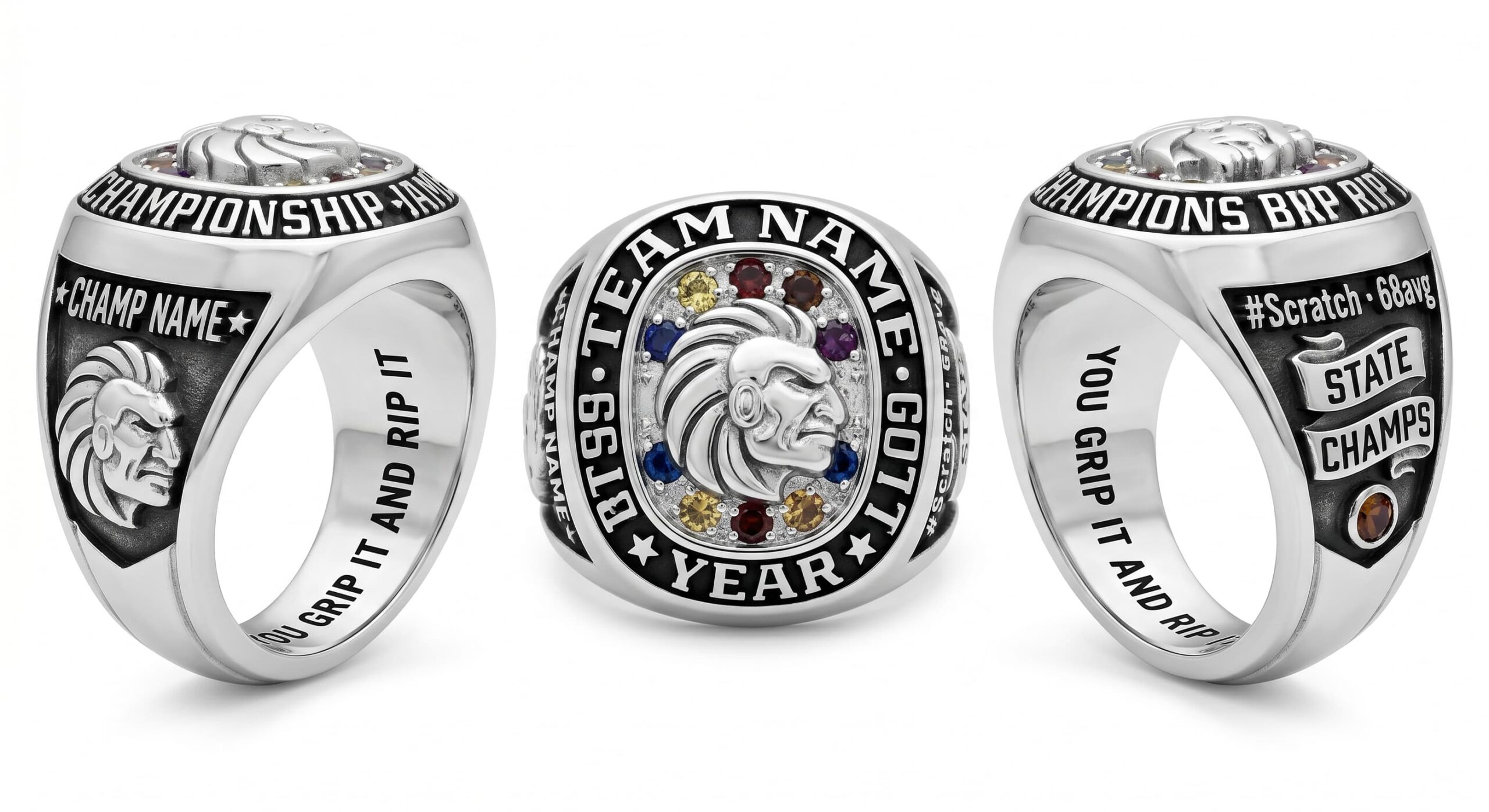 Club Champion golf championship ring mascot crest team colors three-panel view — ClassRingAI