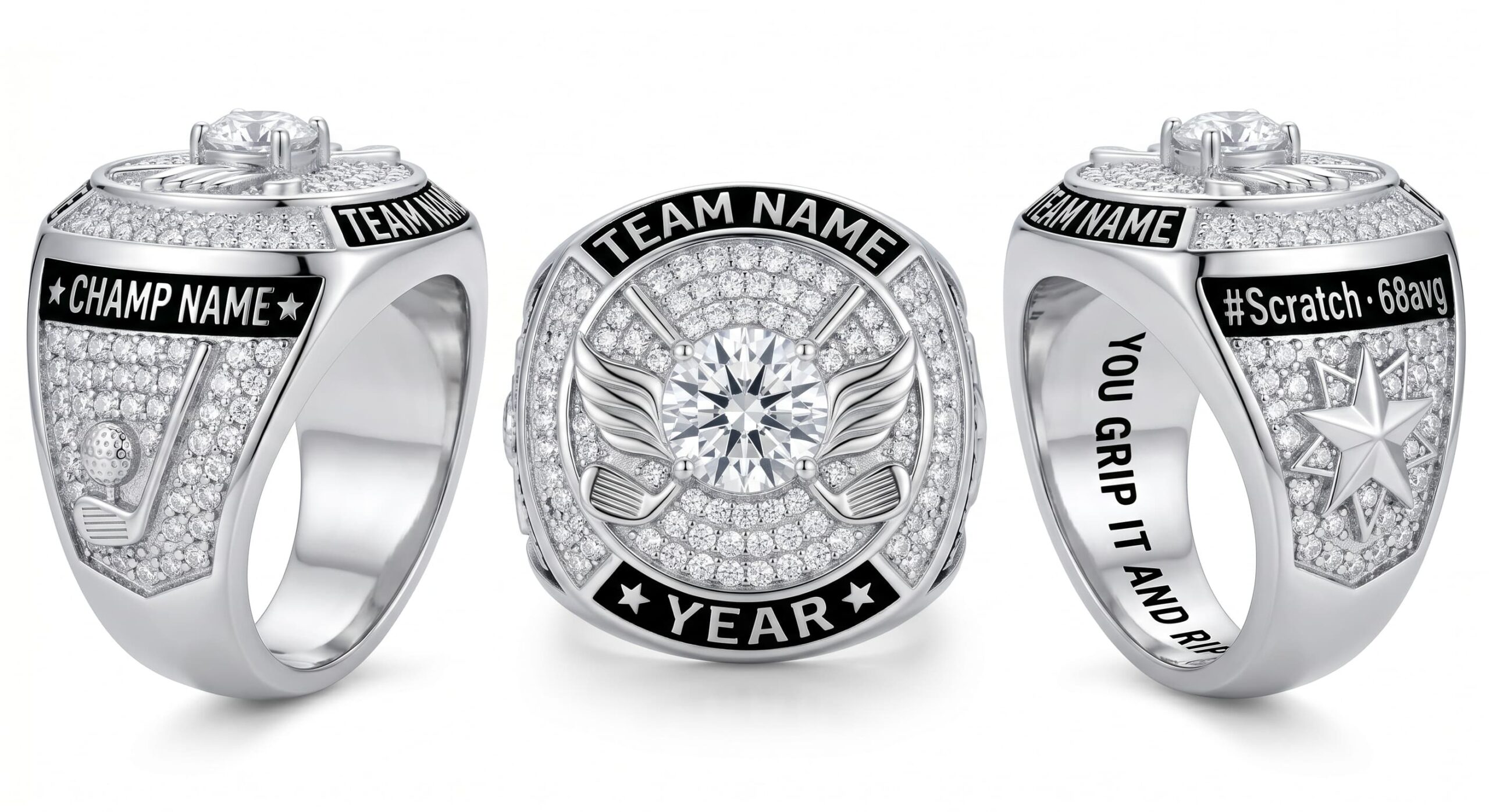 Augusta Elite luxury golf championship ring moissanite ice blue 150 pave crystals three-panel view — ClassRingAI