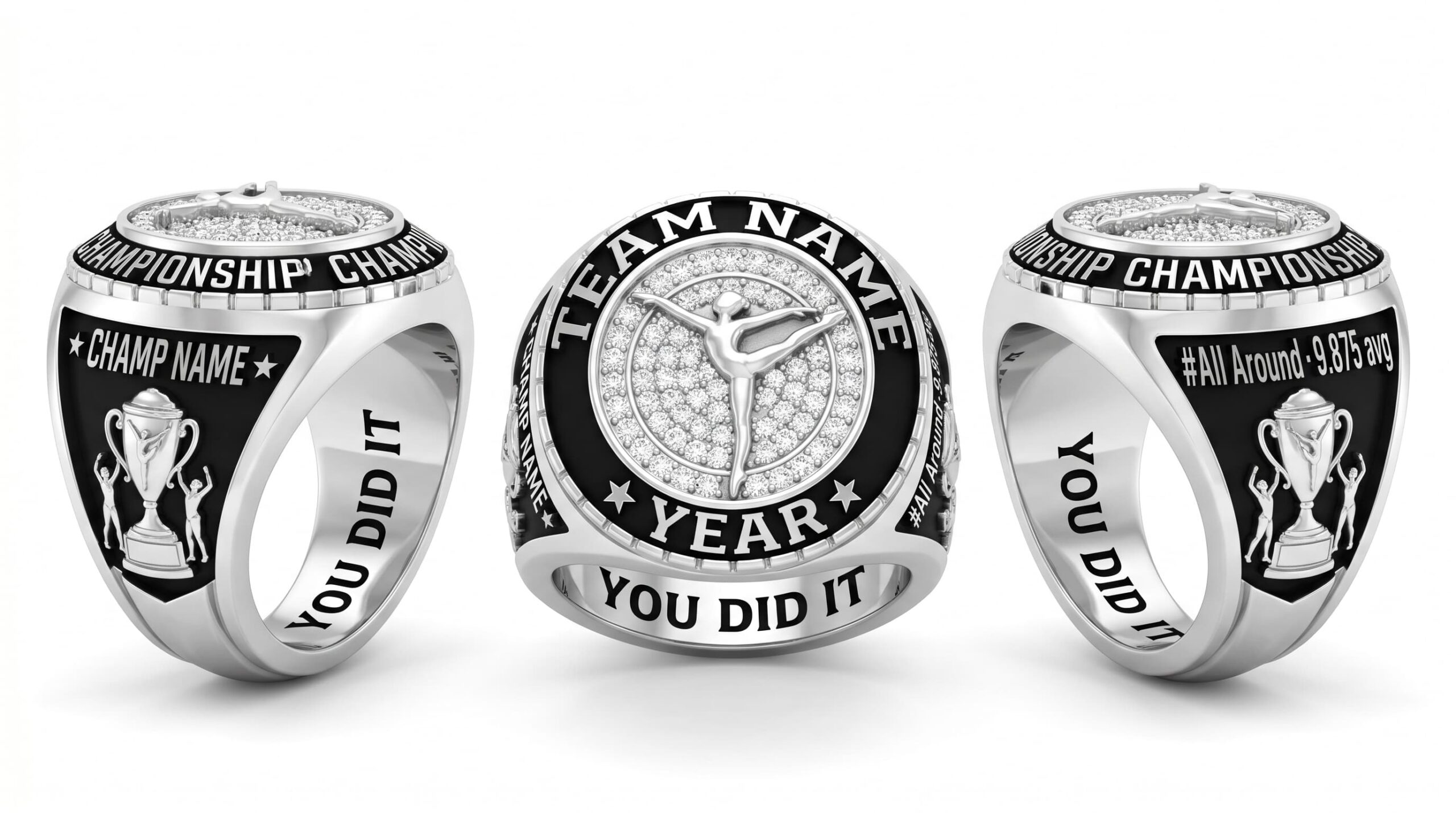 Floor Legend gymnastics championship ring 925 silver three-panel view — ClassRingAI