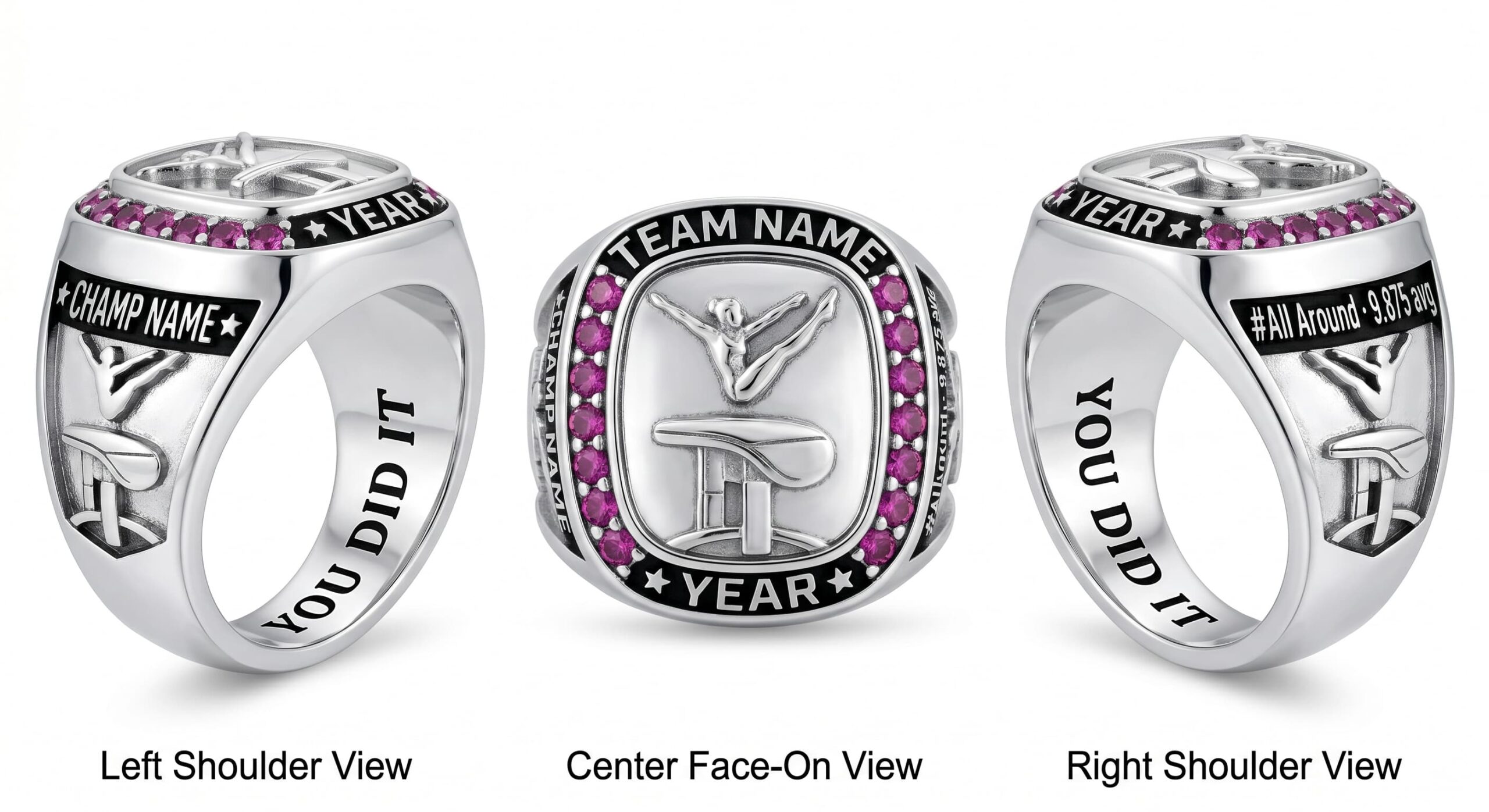 Vault Master gymnastics championship ring shield bezel sapphire blue three-panel view — ClassRingAI