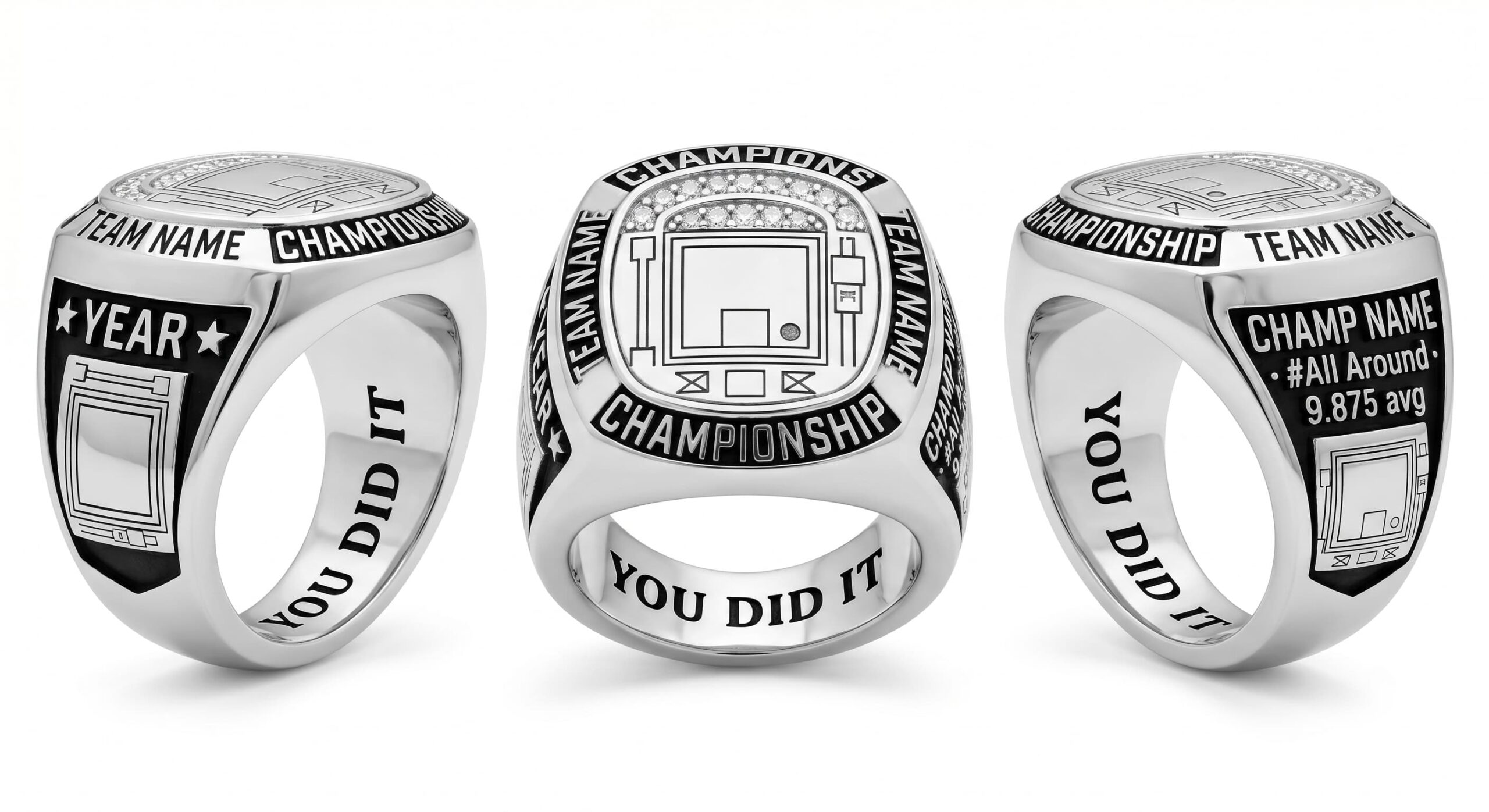 All-Around Elite gymnastics championship ring rink layout crystal pave three-panel view — ClassRingAI