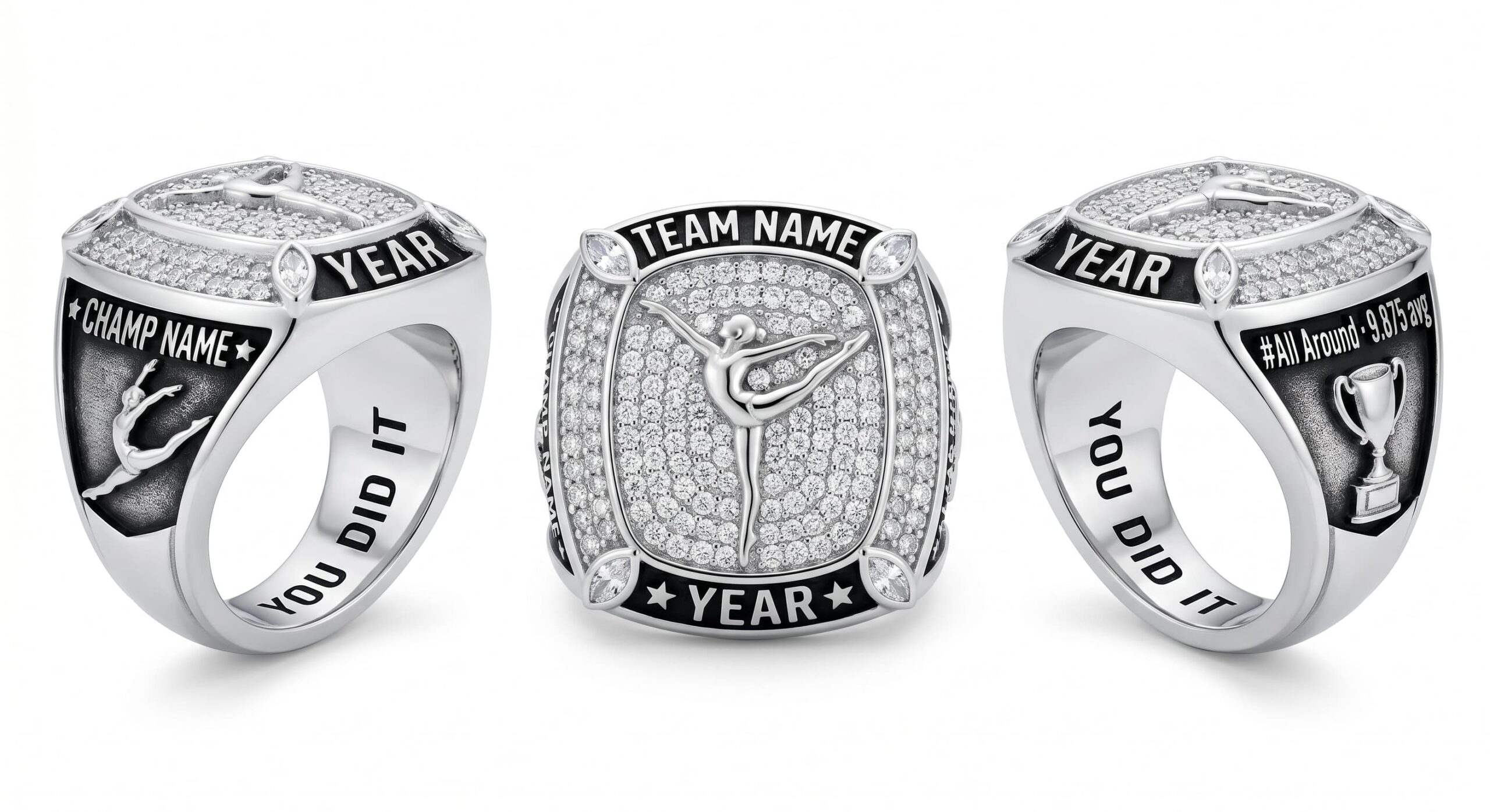 Perfect Ten gymnastics championship ring full pave white crystal three-panel view — ClassRingAI