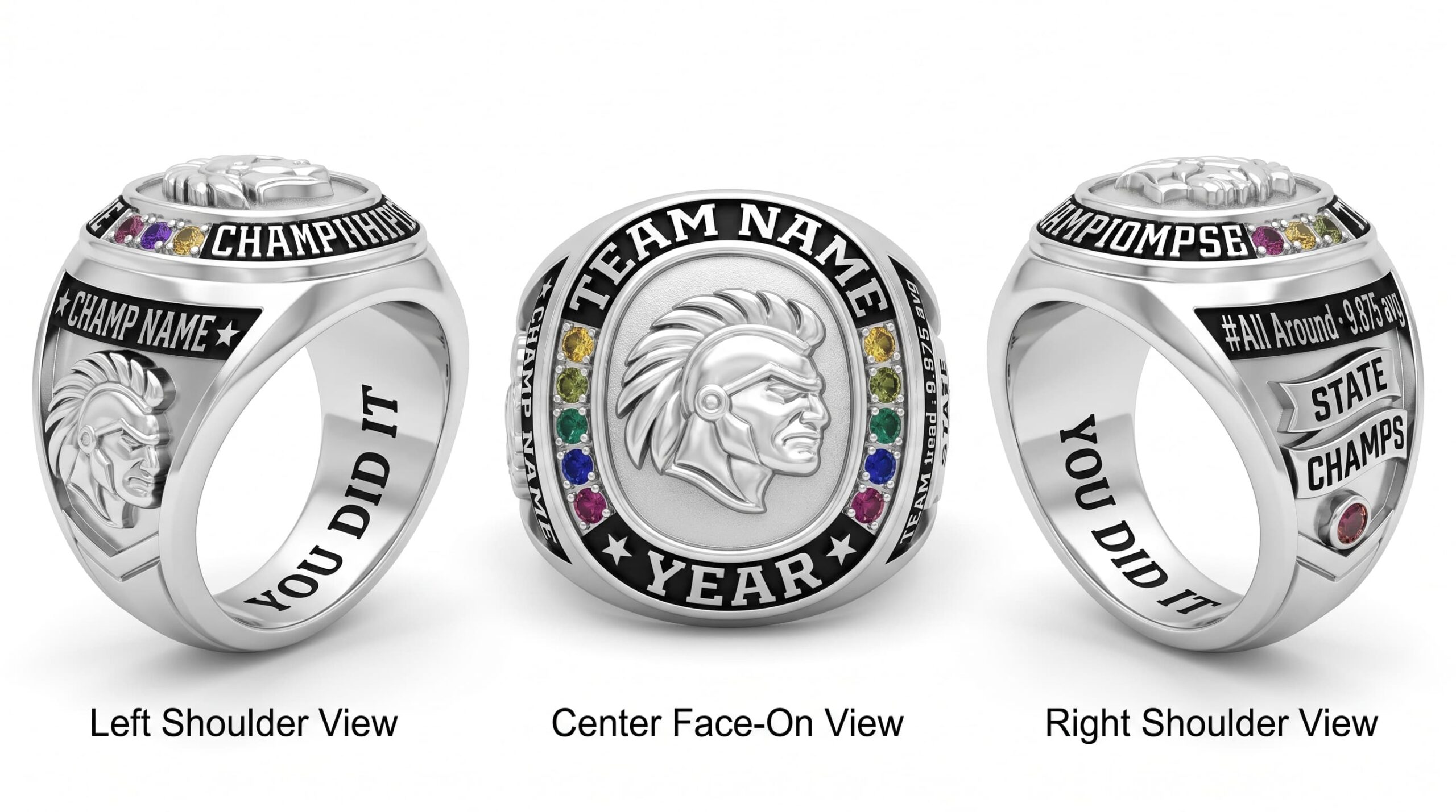 State Champion gymnastics championship ring mascot crest team colors three-panel view — ClassRingAI