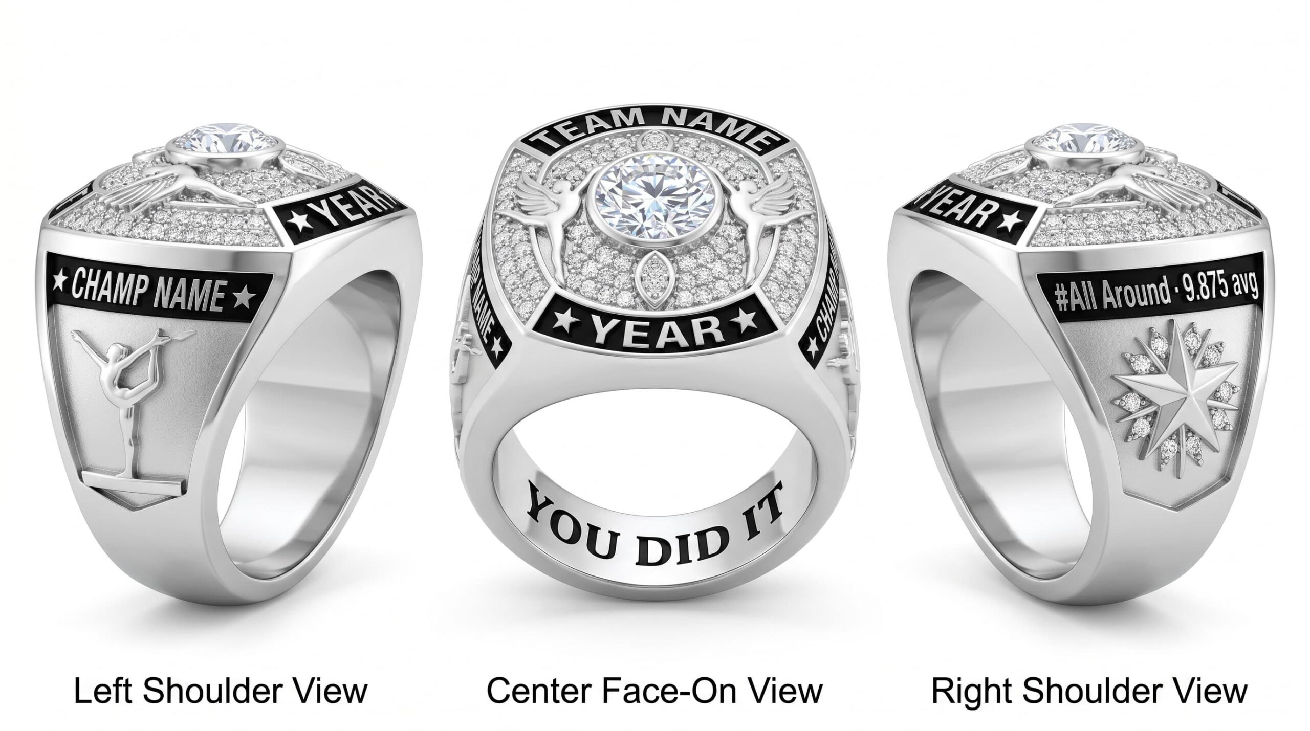 Olympic Dreams luxury gymnastics championship ring moissanite ice blue 150 pave crystals three-panel view — ClassRingAI