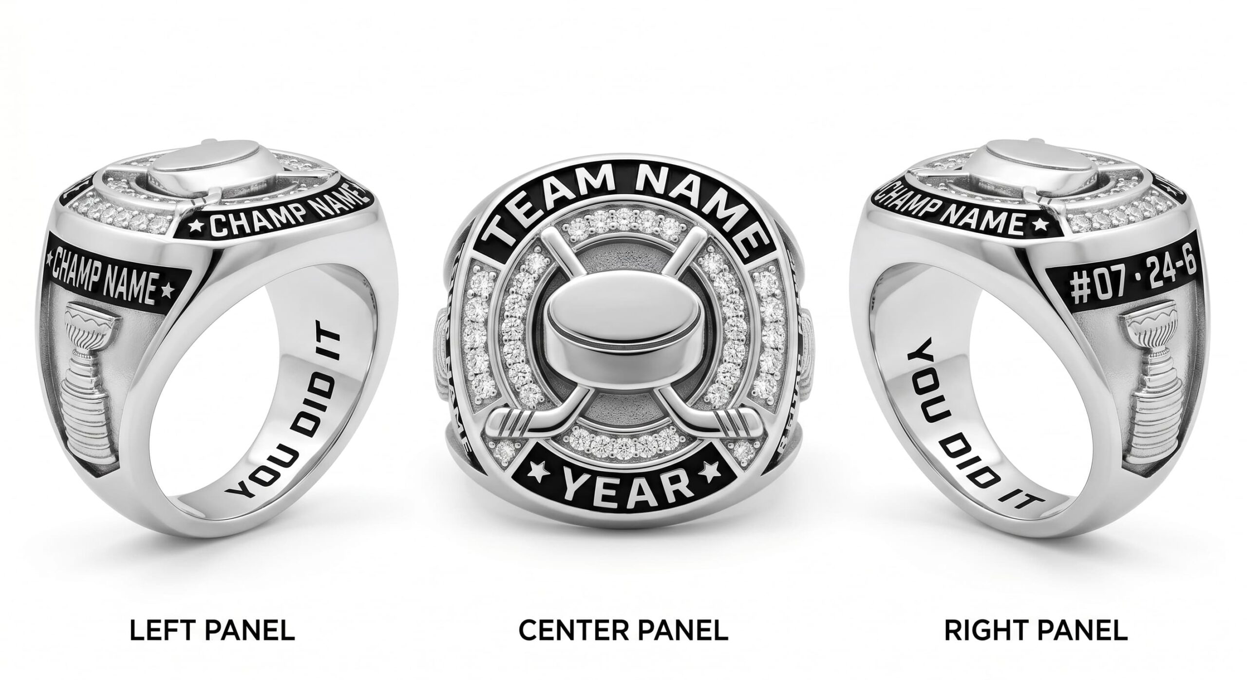 Rink King inline inline hockey championship ring 925 silver three-panel view — ClassRingAI