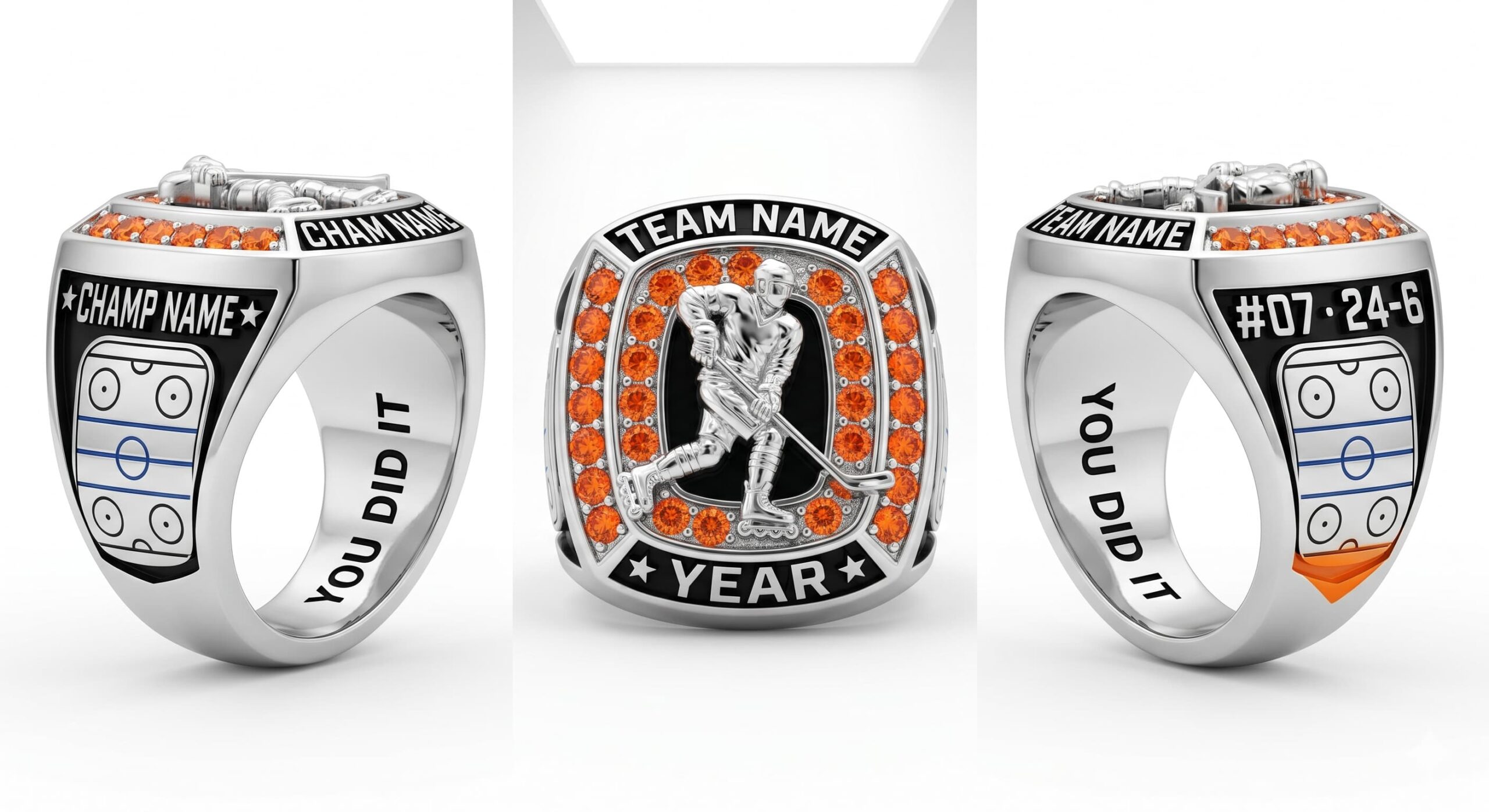 Hat Trick Elite Legend inline hockey championship ring shield bezel sapphire blue three-panel view — ClassRingAI