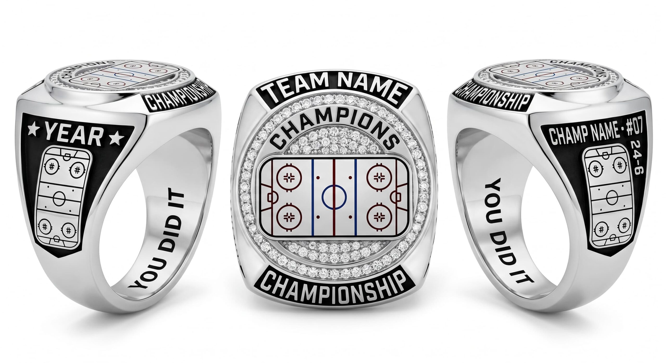 Rink General inline hockey championship ring rink layout crystal pave three-panel view — ClassRingAI