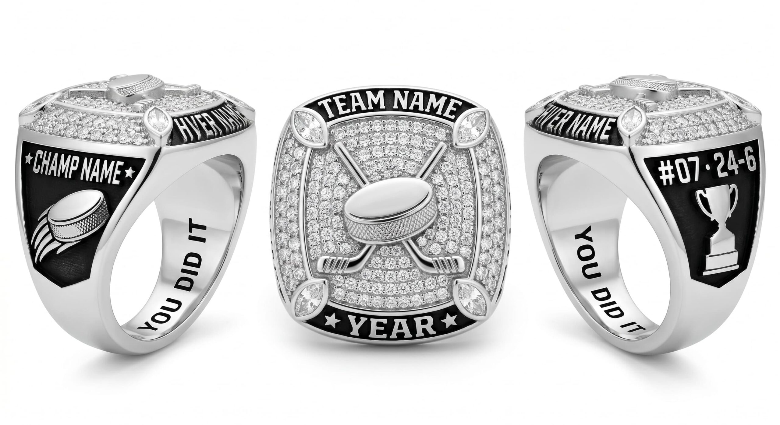 Hat Trick Elite inline hockey championship ring full pave white crystal three-panel view — ClassRingAI