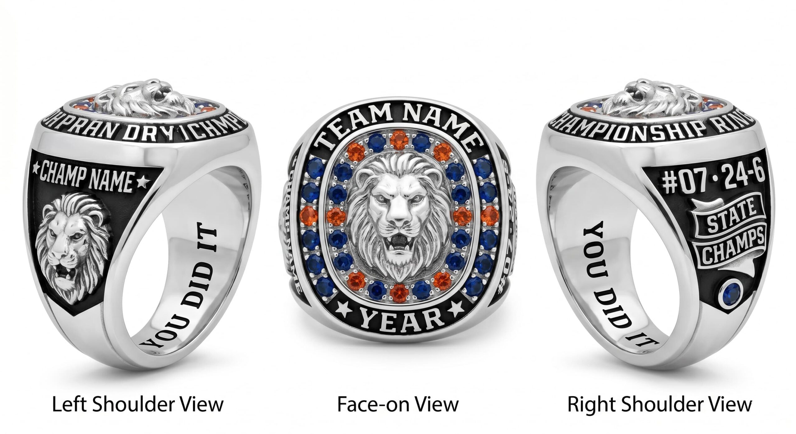 League Champion inline hockey championship ring mascot crest team colors three-panel view — ClassRingAI