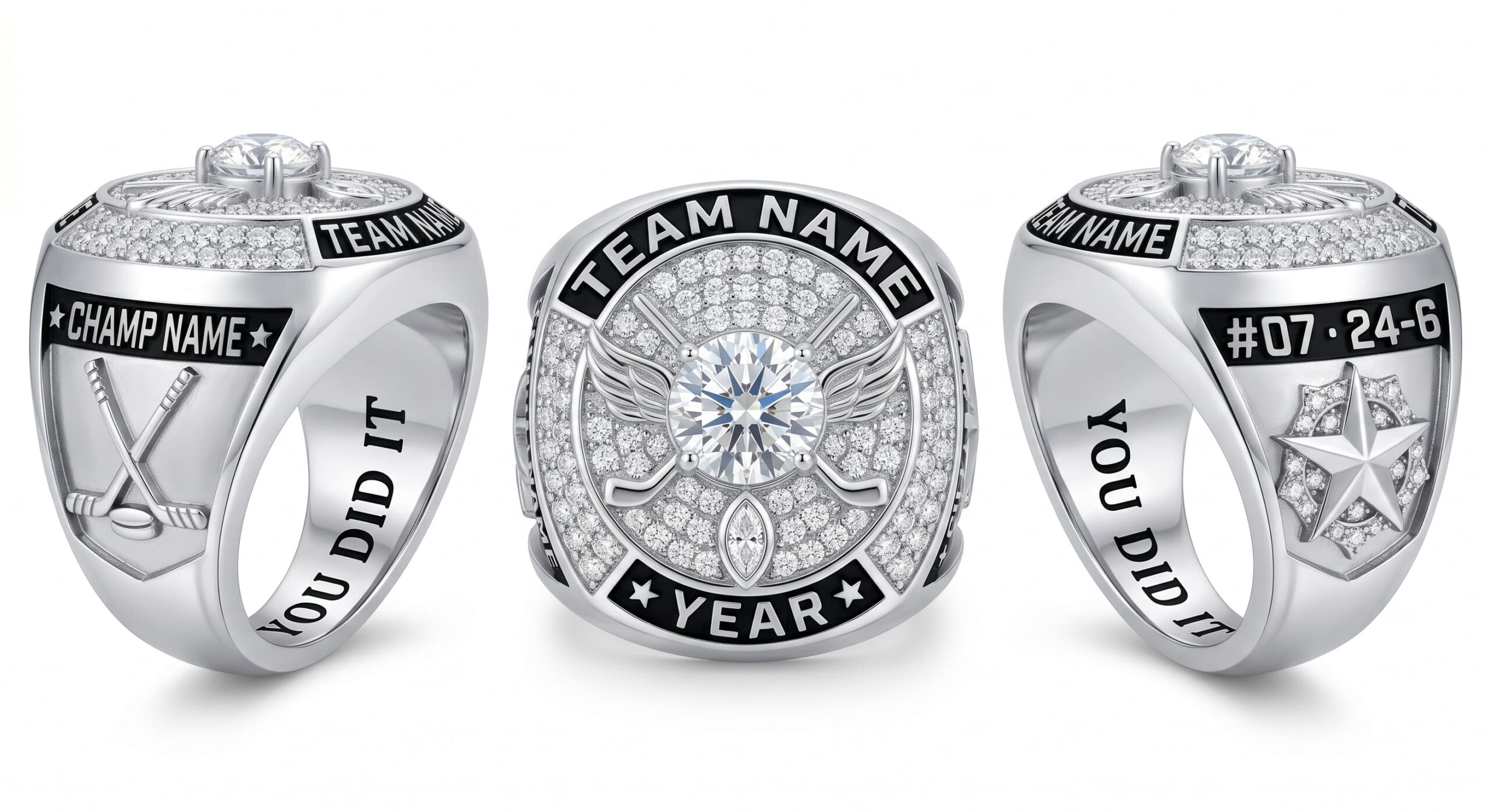 National Crown luxury inline hockey championship ring moissanite ice blue 150 pave crystals three-panel view — ClassRingAI