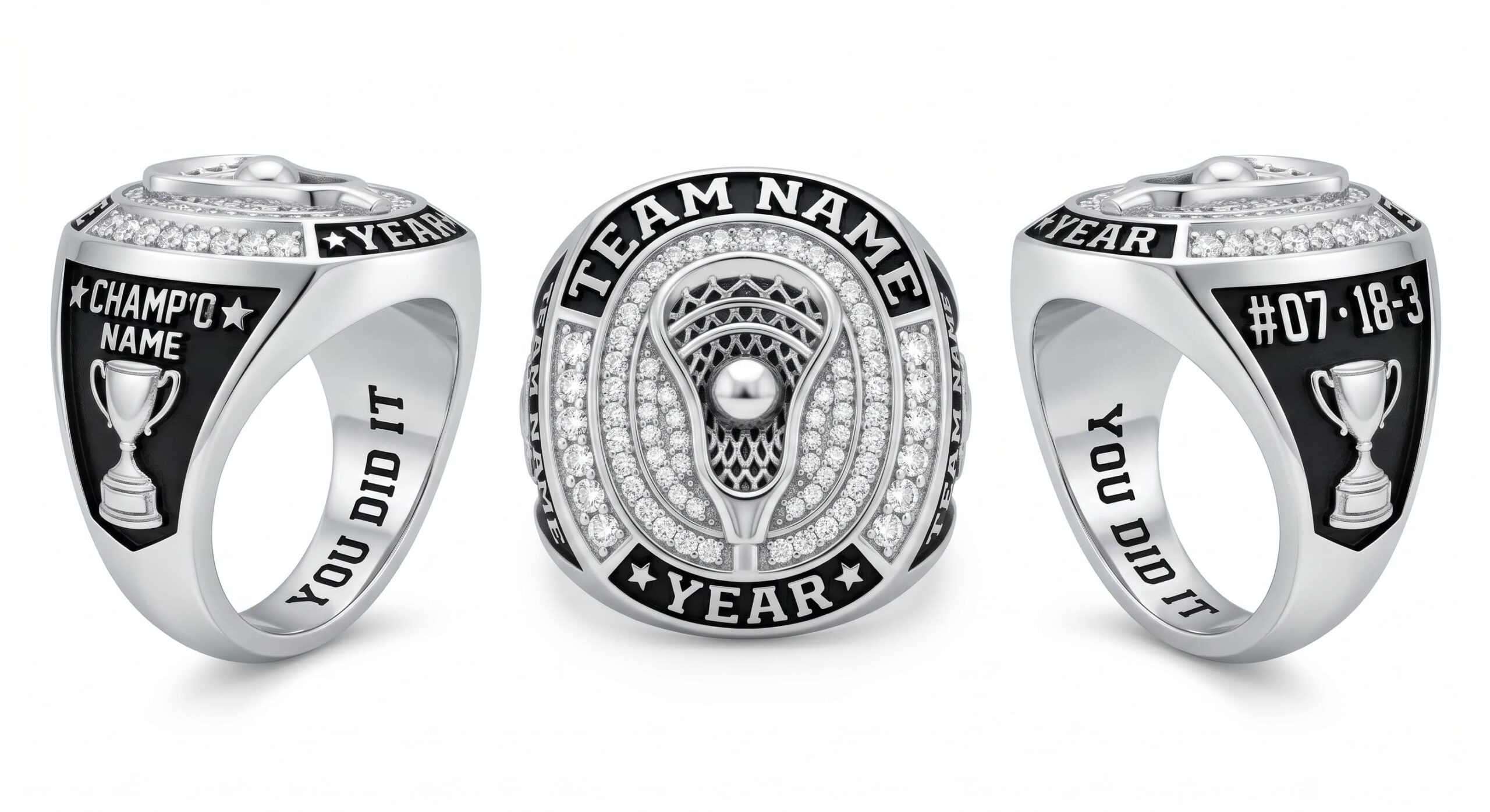 Crease King lacrosse championship ring 925 silver three-panel view — ClassRingAI