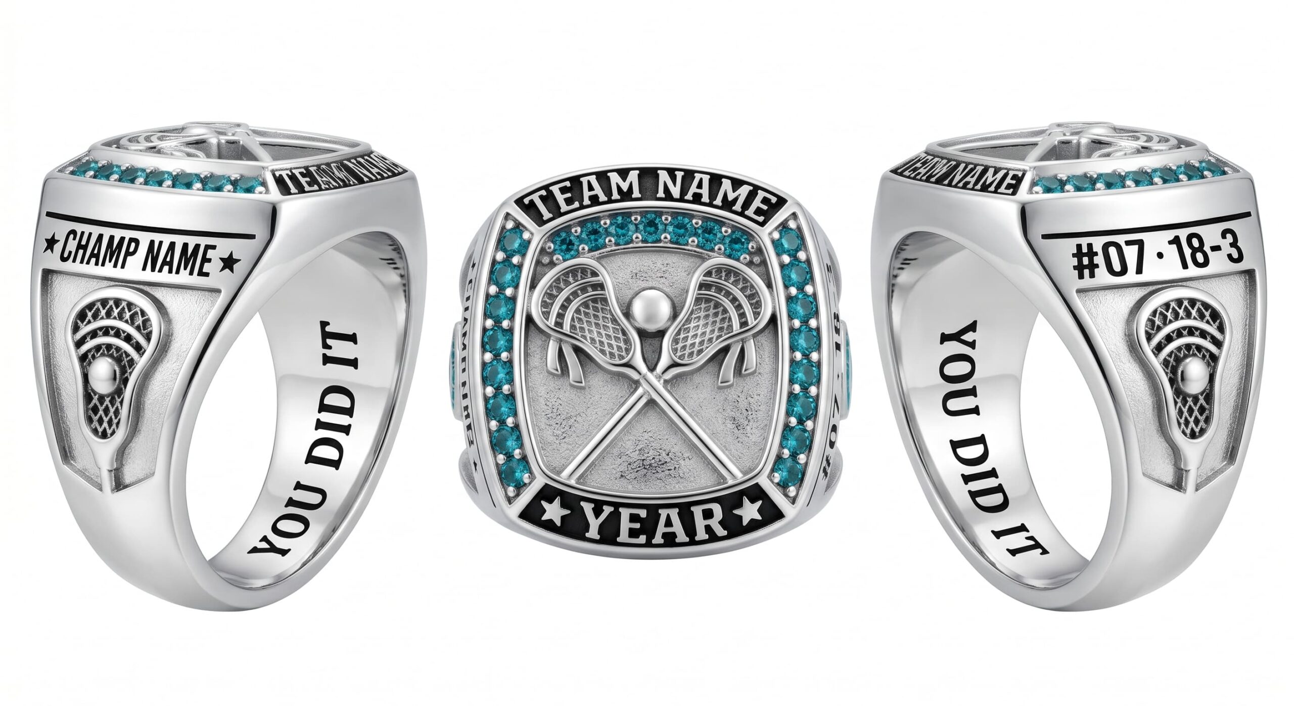 Dodge Master lacrosse championship ring shield bezel sapphire blue three-panel view — ClassRingAI