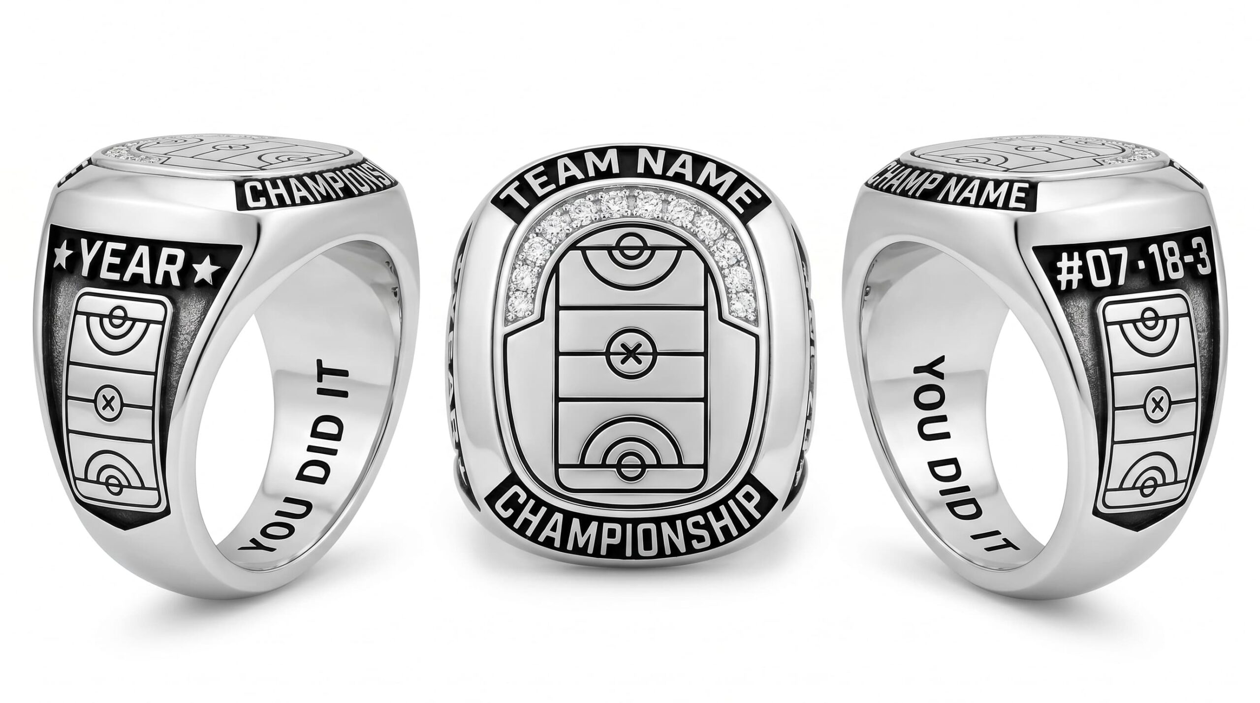 Face-Off Elite lacrosse championship ring rink layout crystal pave three-panel view — ClassRingAI