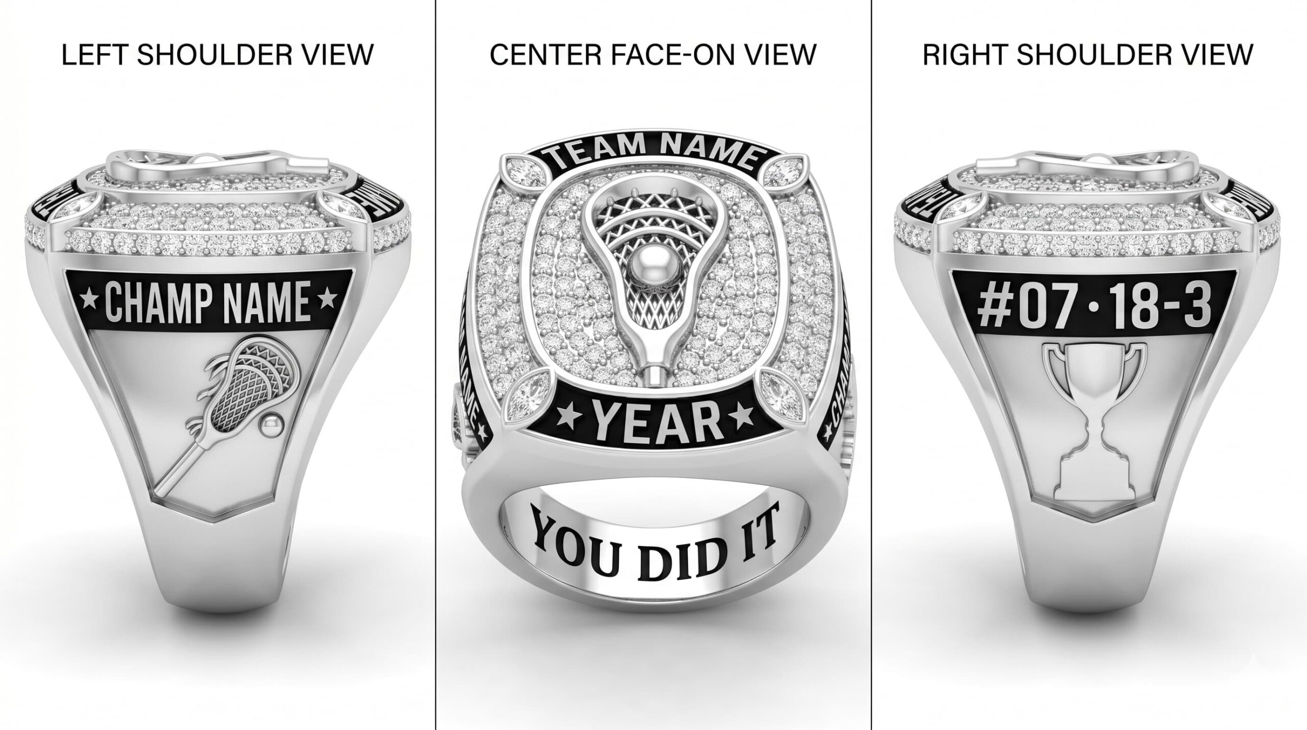 Behind-the-Back lacrosse championship ring full pave white crystal three-panel view — ClassRingAI