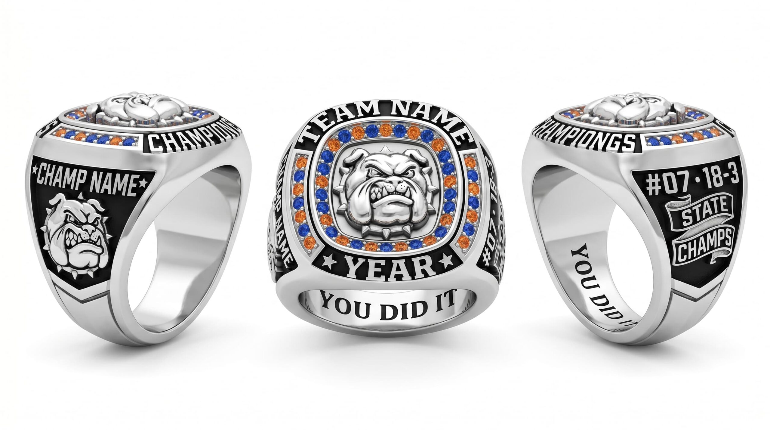 Box Legend lacrosse championship ring mascot crest team colors three-panel view — ClassRingAI