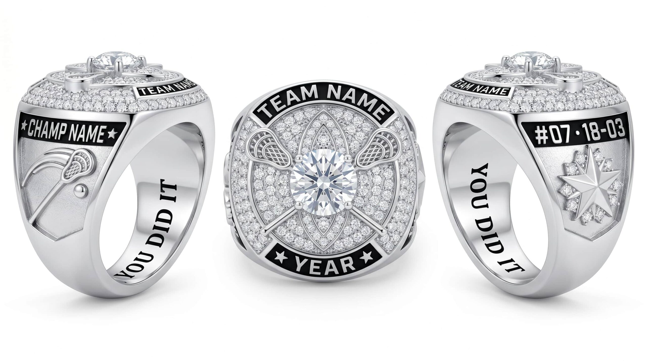 Overtime Crown luxury lacrosse championship ring moissanite ice blue 150 pave crystals three-panel view — ClassRingAI