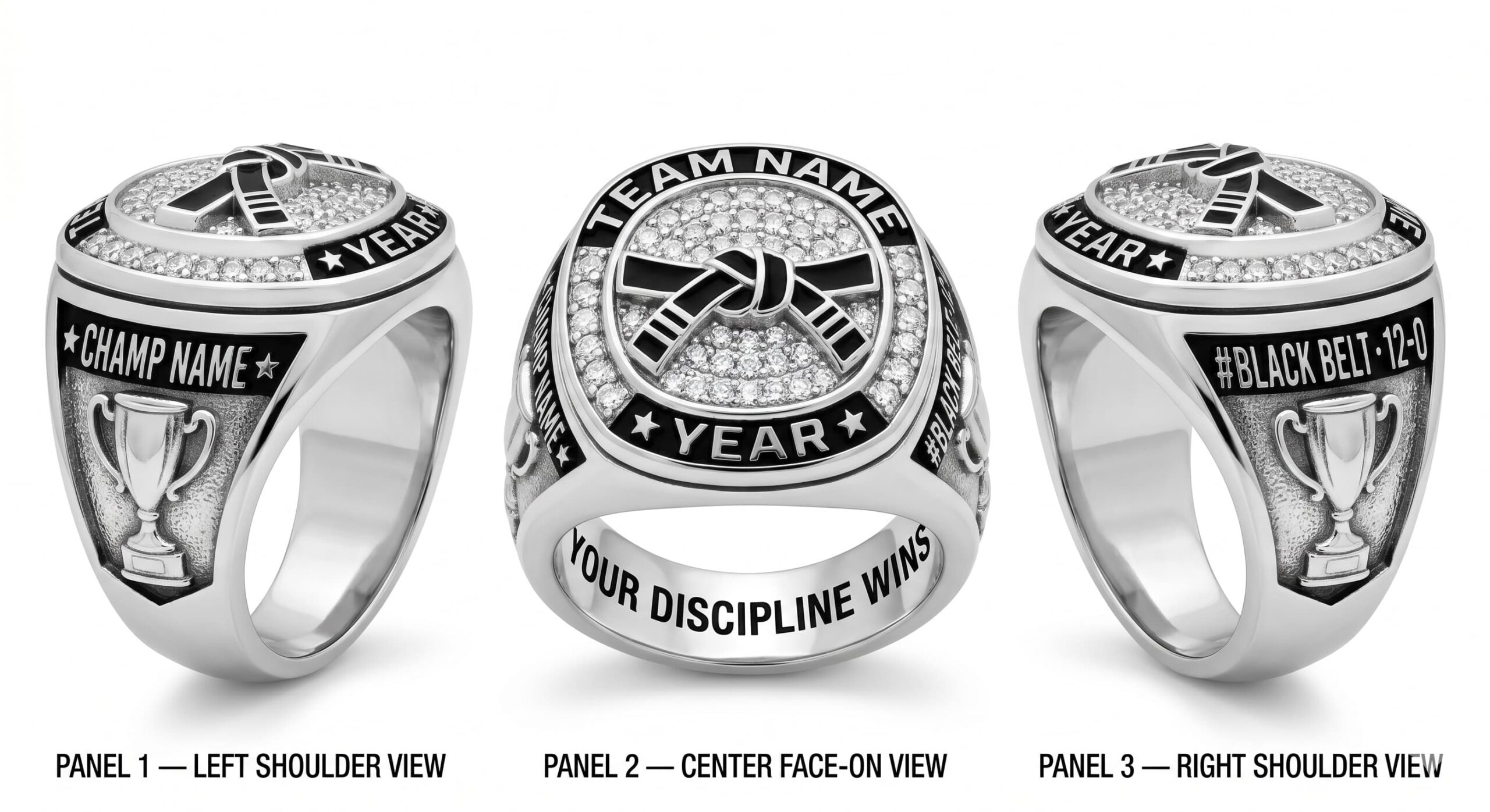 Black Belt King martial arts championship ring 925 silver three-panel view — ClassRingAI
