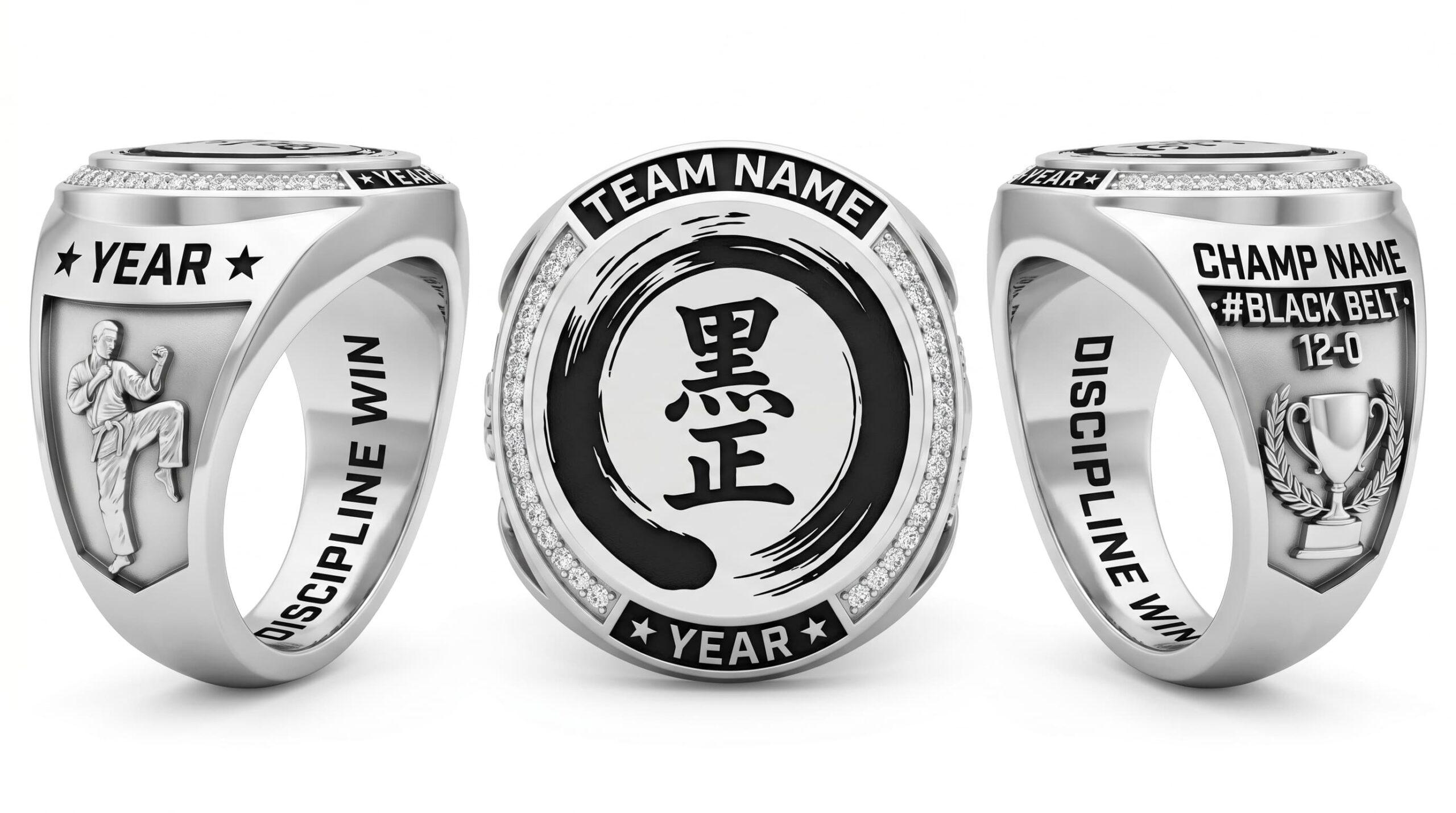 Mat Legend martial arts championship ring rink layout crystal pave three-panel view — ClassRingAI