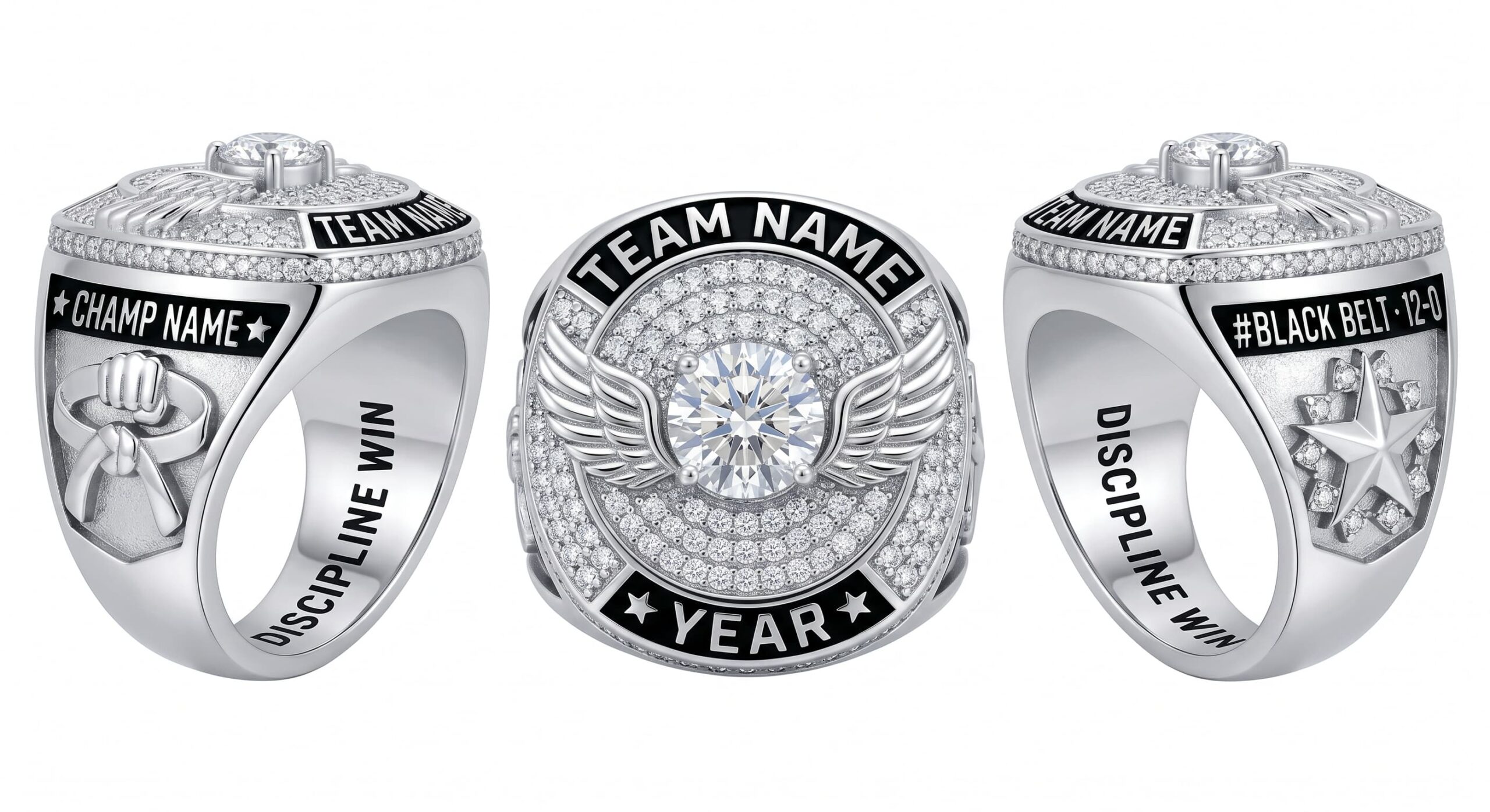 World Champion luxury martial arts championship ring moissanite ice blue 150 pave crystals three-panel view — ClassRingAI