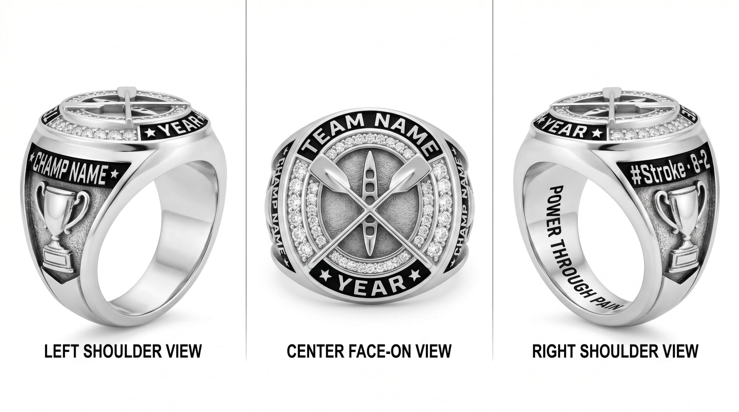 Stroke King rowing championship ring 925 silver three-panel view — ClassRingAI