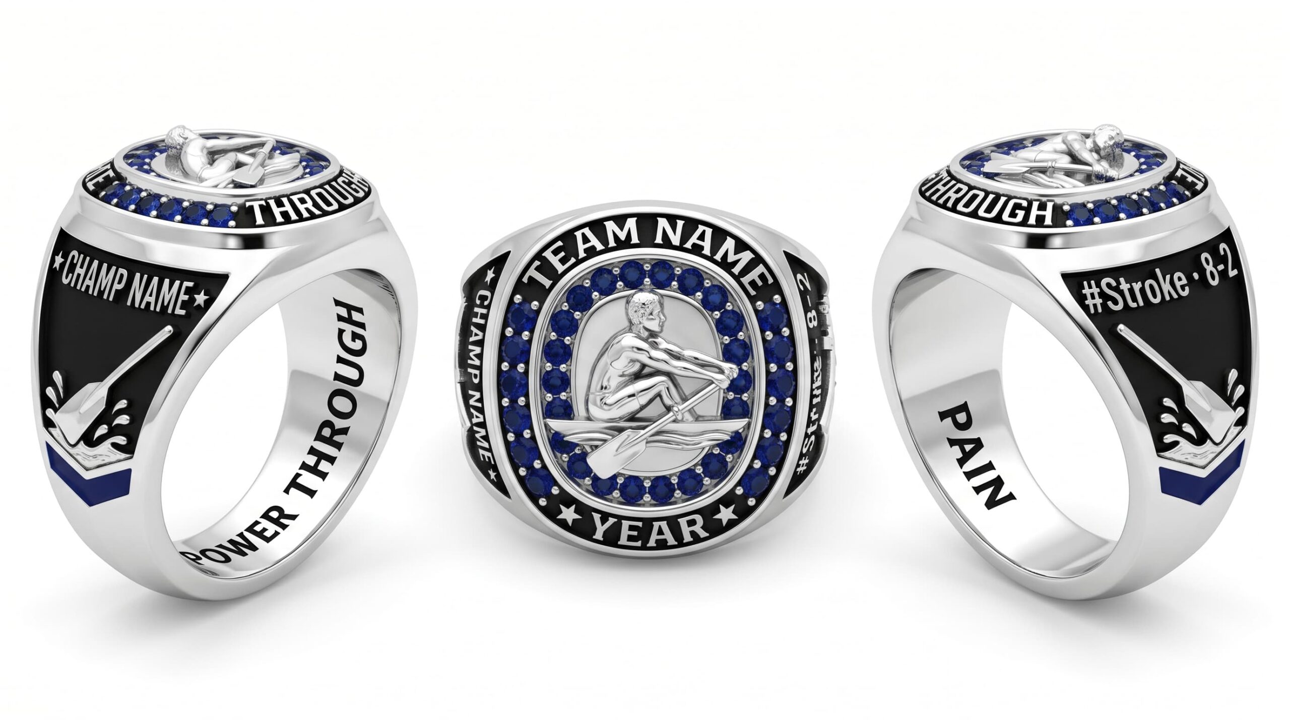 Catch Master rowing championship ring shield bezel sapphire blue three-panel view — ClassRingAI