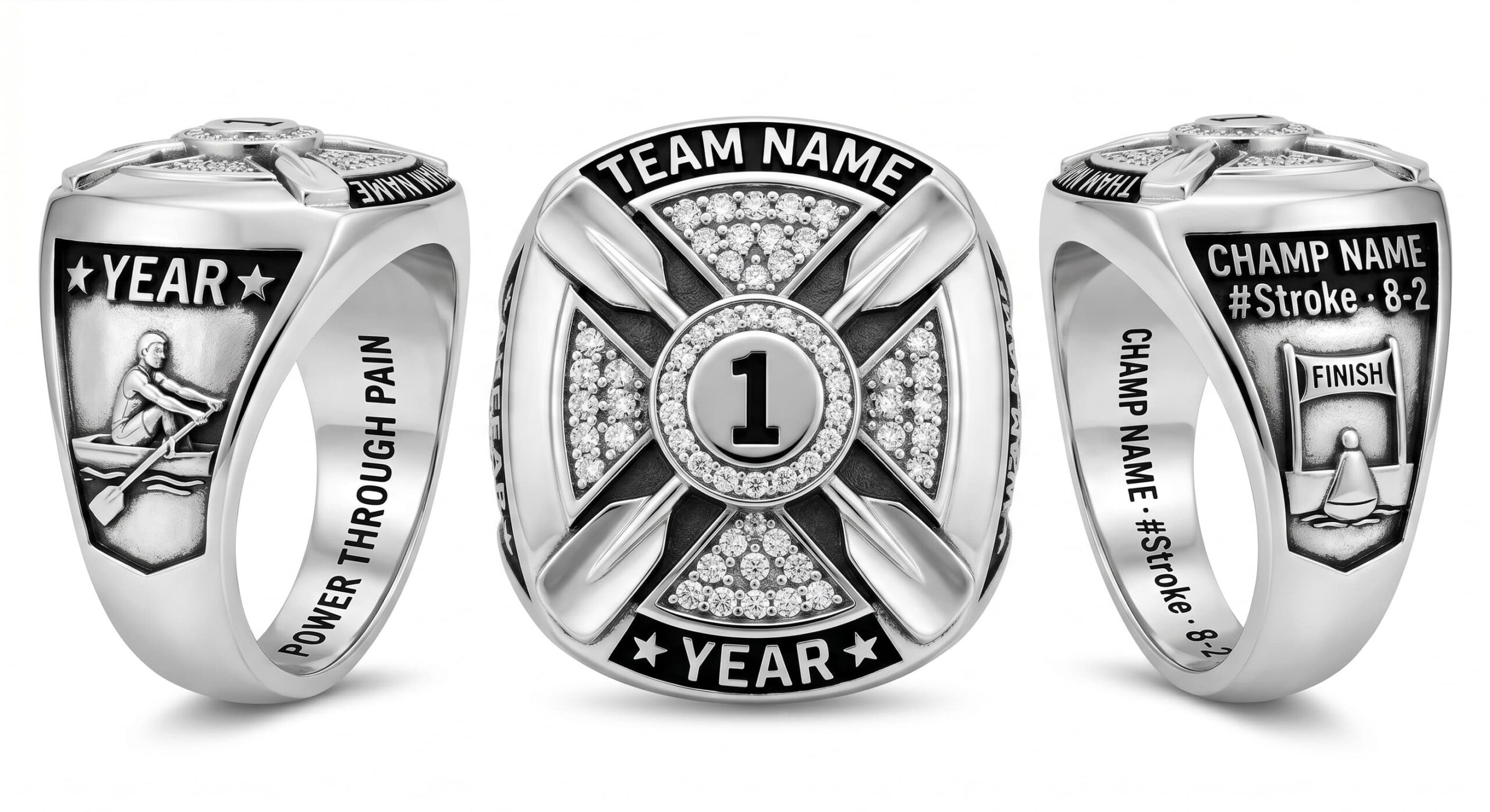 Power Ten rowing championship ring rink layout crystal pave three-panel view — ClassRingAI