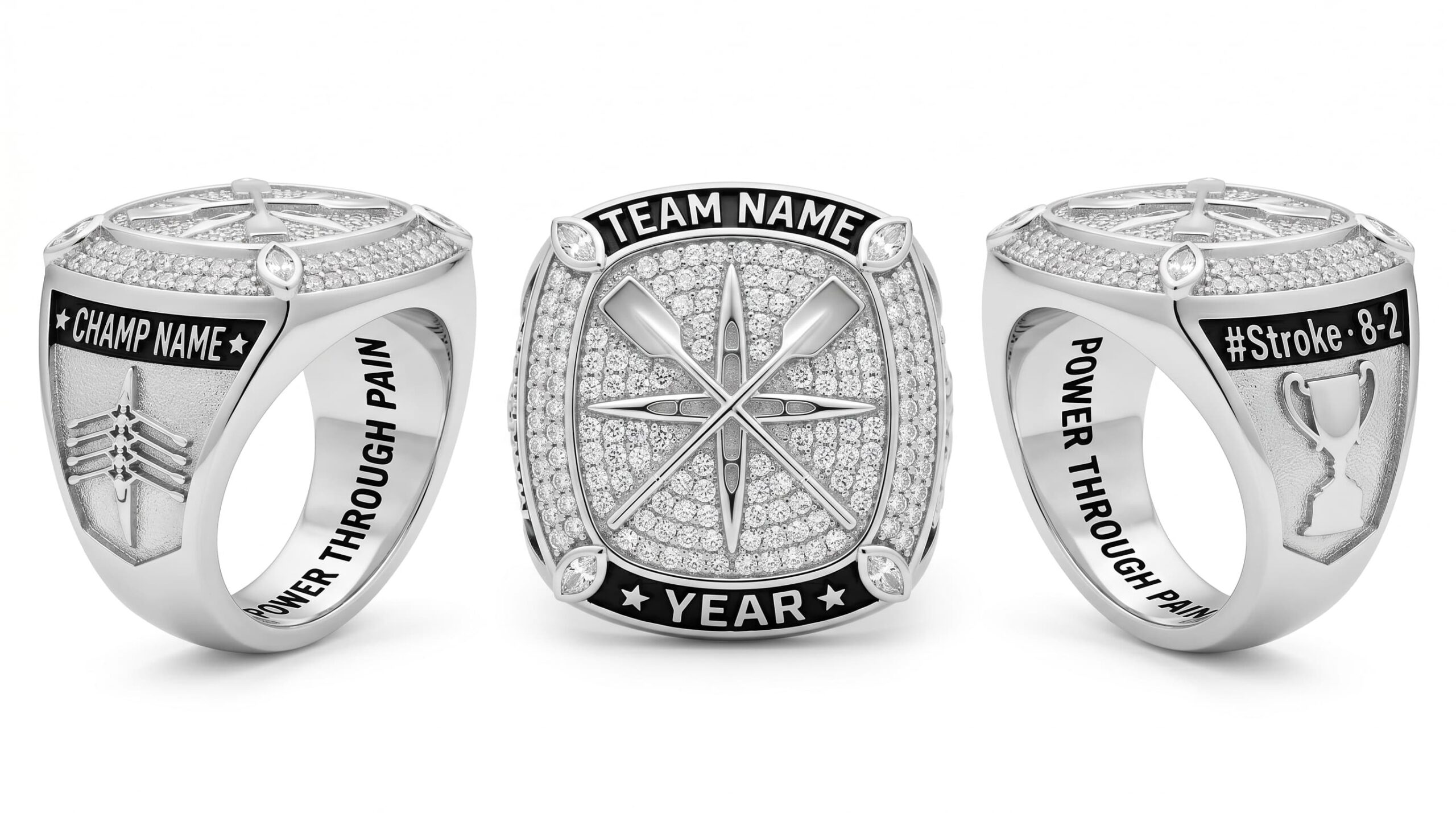 Eight Strong rowing championship ring full pave white crystal three-panel view — ClassRingAI