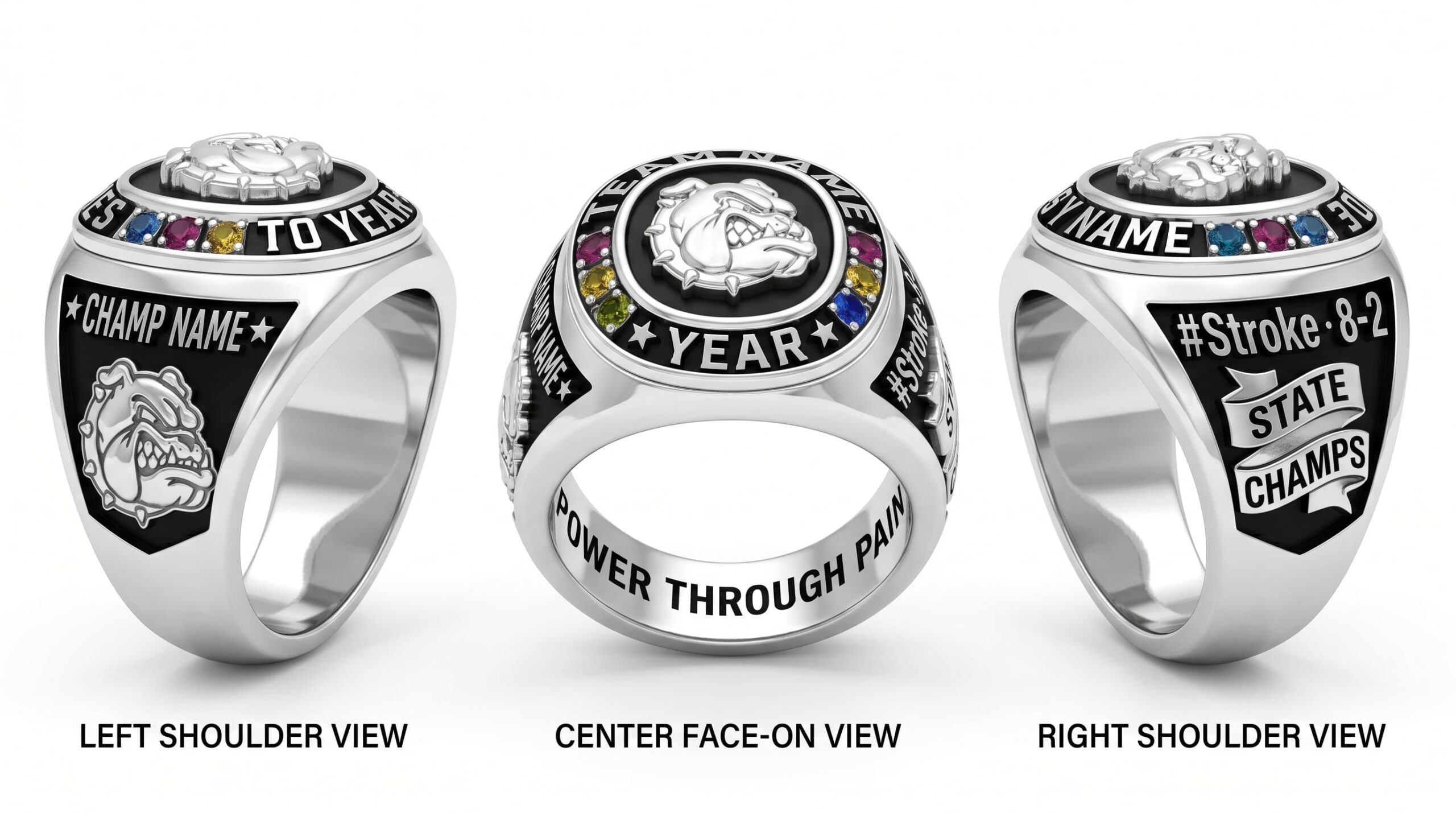 Regatta Legend rowing championship ring mascot crest team colors three-panel view — ClassRingAI
