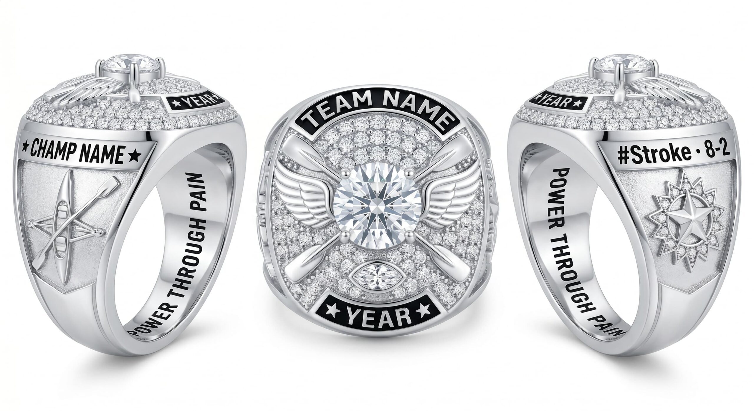 Olympic Sweep luxury rowing championship ring moissanite ice blue 150 pave crystals three-panel view — ClassRingAI