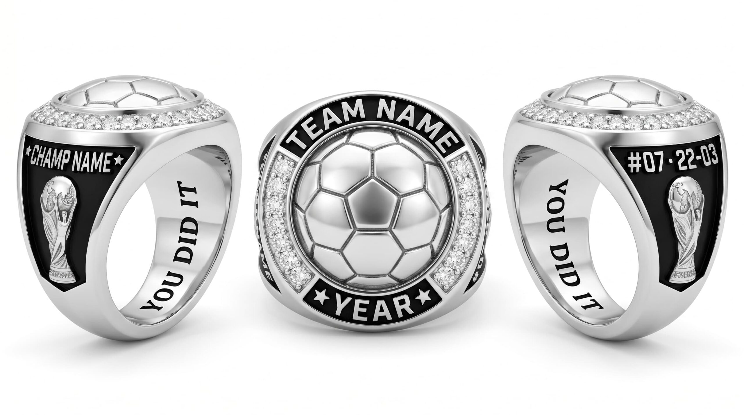 World Cup Classic soccer championship ring 925 silver three-panel view — ClassRingAI