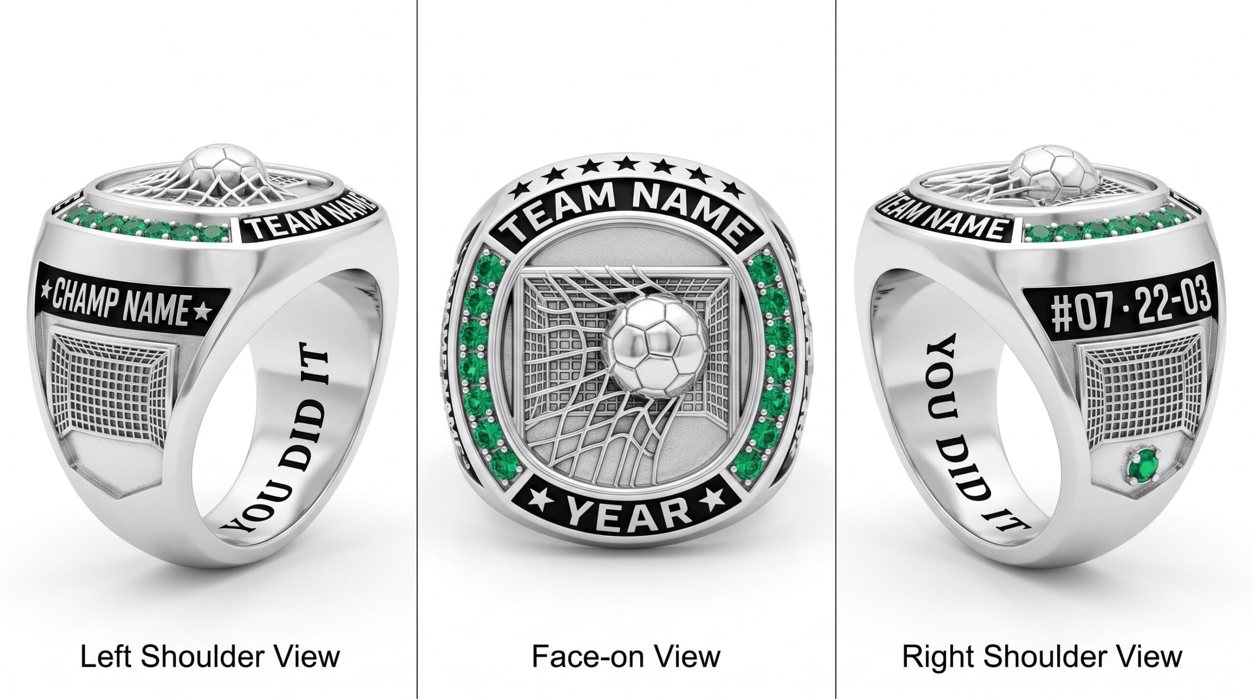 Pitch Master soccer championship ring shield bezel sapphire blue three-panel view — ClassRingAI
