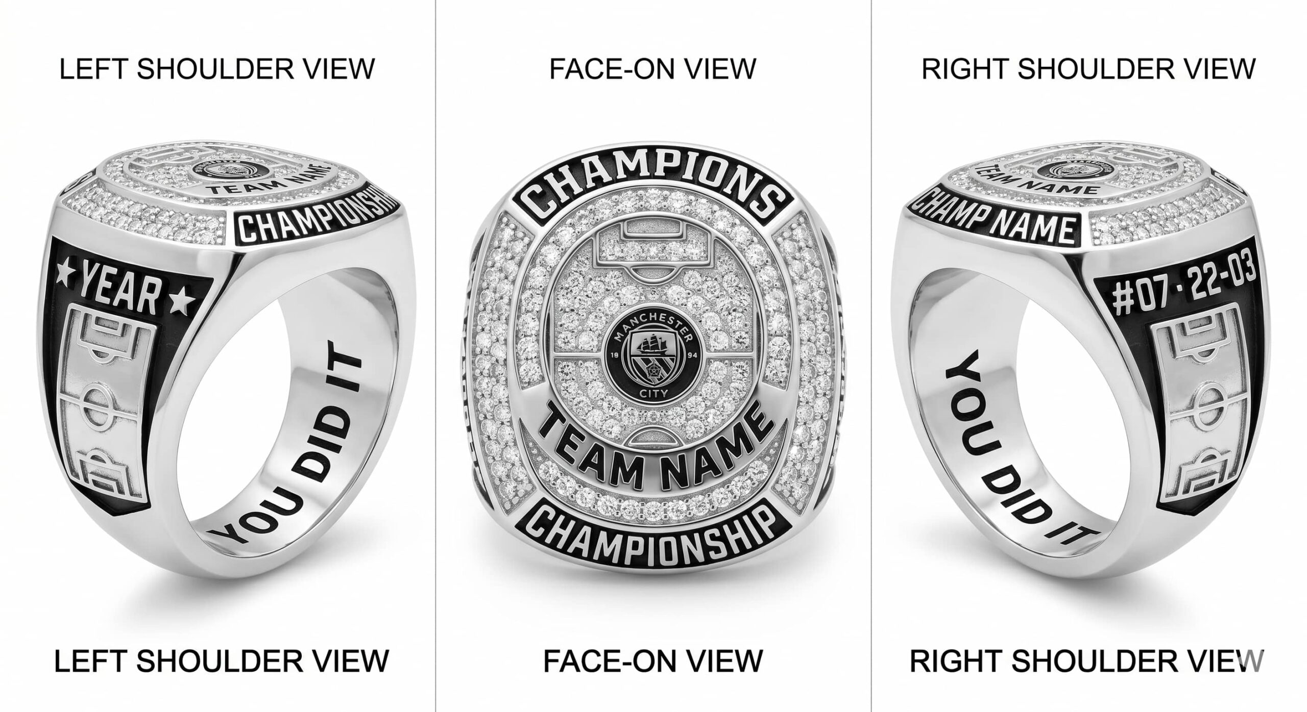 Golden Boot soccer championship ring rink layout crystal pave three-panel view — ClassRingAI