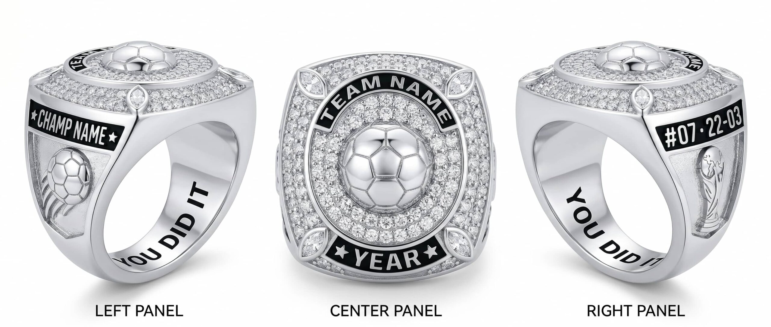 Hat Trick soccer championship ring full pave white crystal three-panel view — ClassRingAI