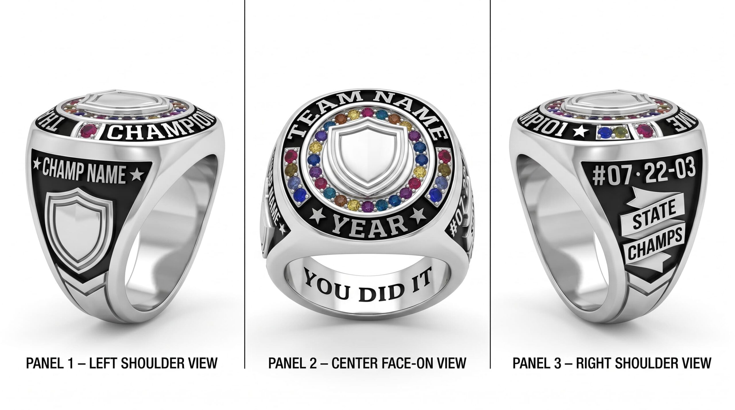 Club Legend soccer championship ring mascot crest team colors three-panel view — ClassRingAI