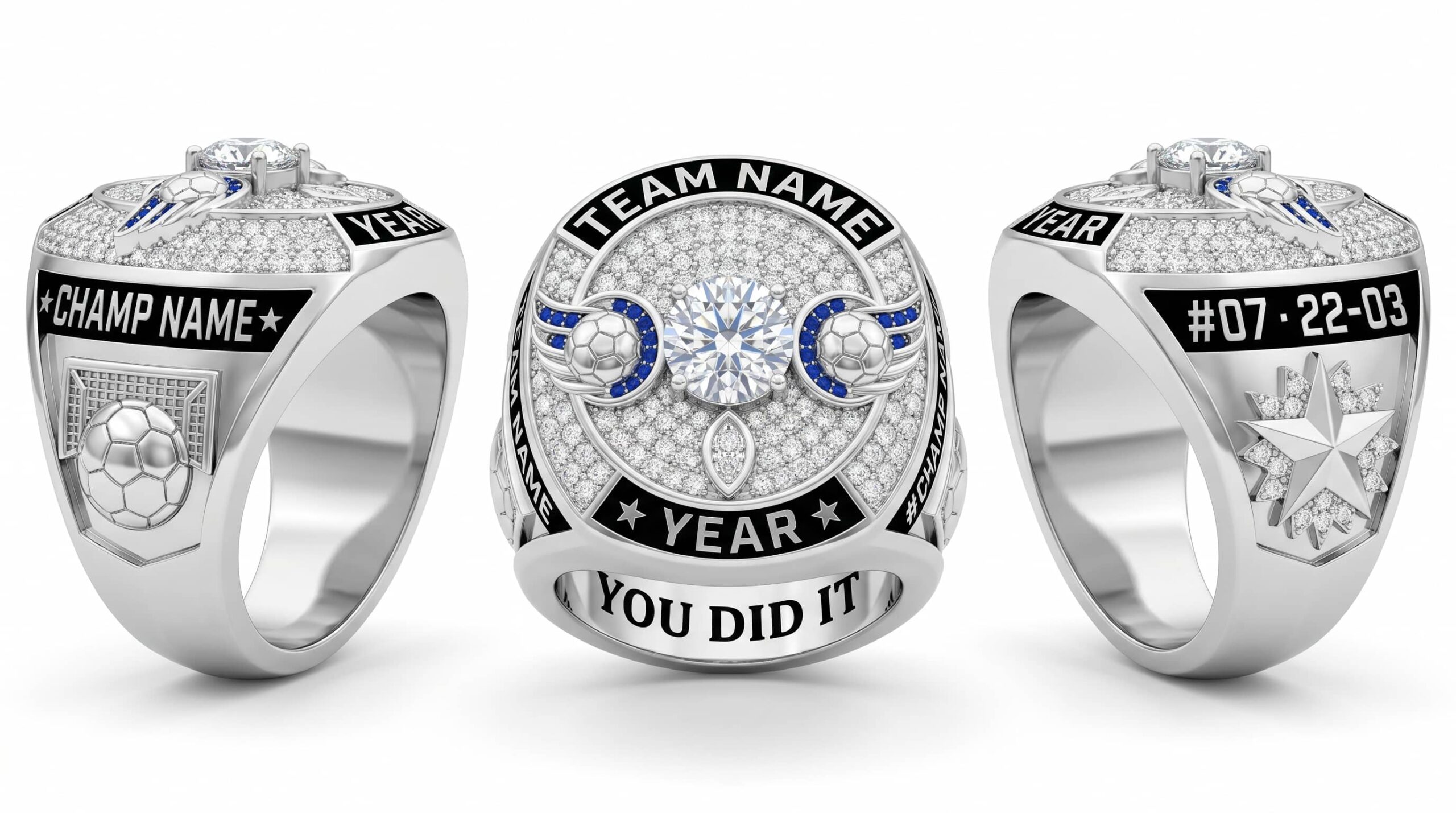 El Clasico Elite luxury soccer championship ring moissanite ice blue 150 pave crystals three-panel view — ClassRingAI
