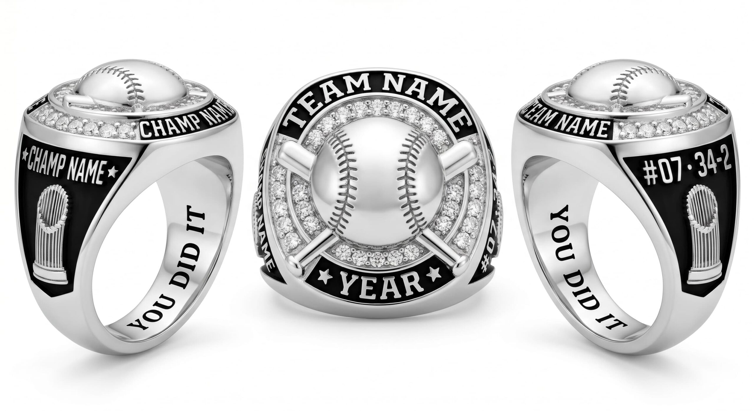 Diamond Queen softball championship ring 925 silver three-panel view — ClassRingAI