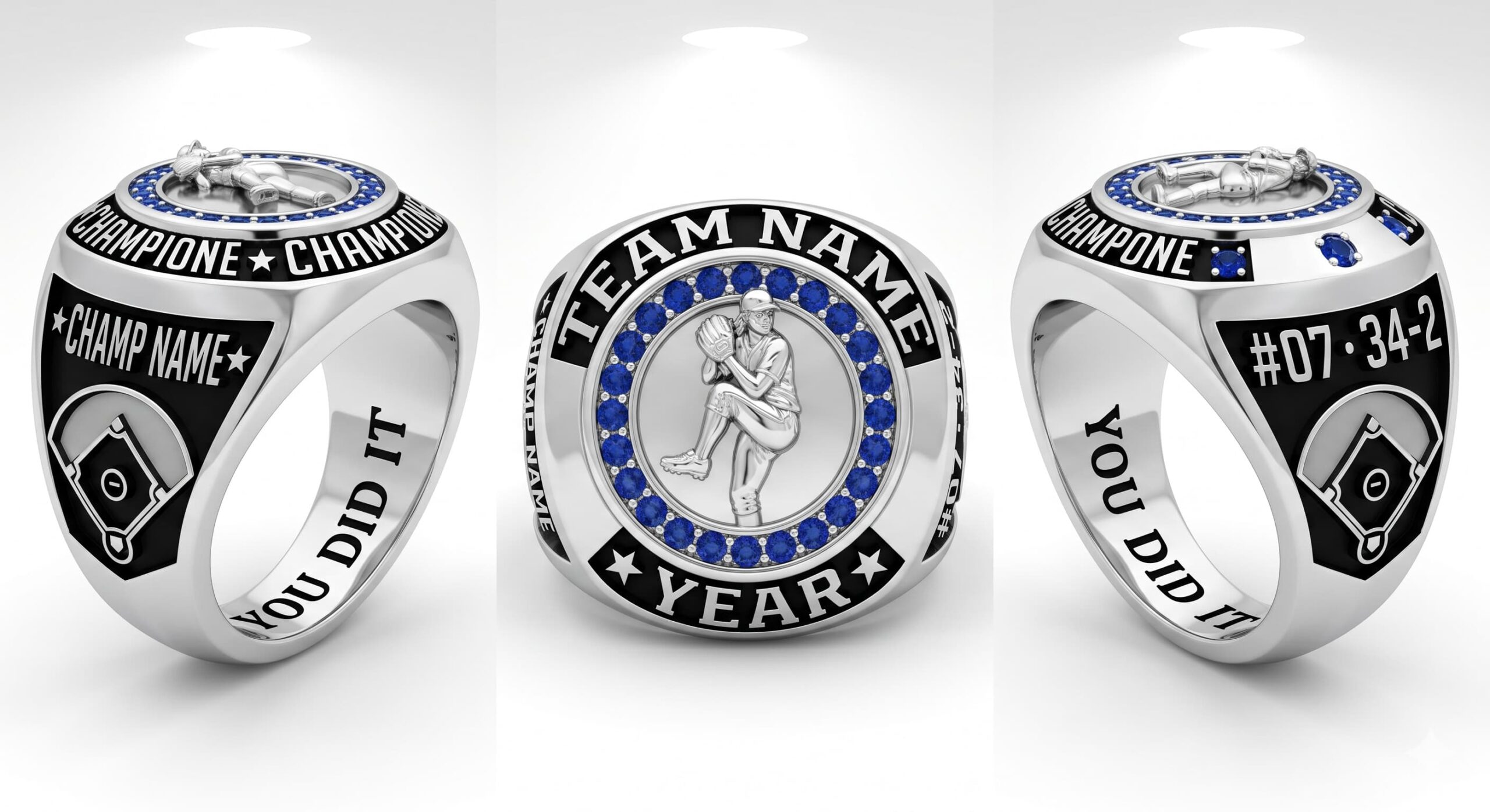 Changeup Legend softball championship ring shield bezel sapphire blue three-panel view — ClassRingAI