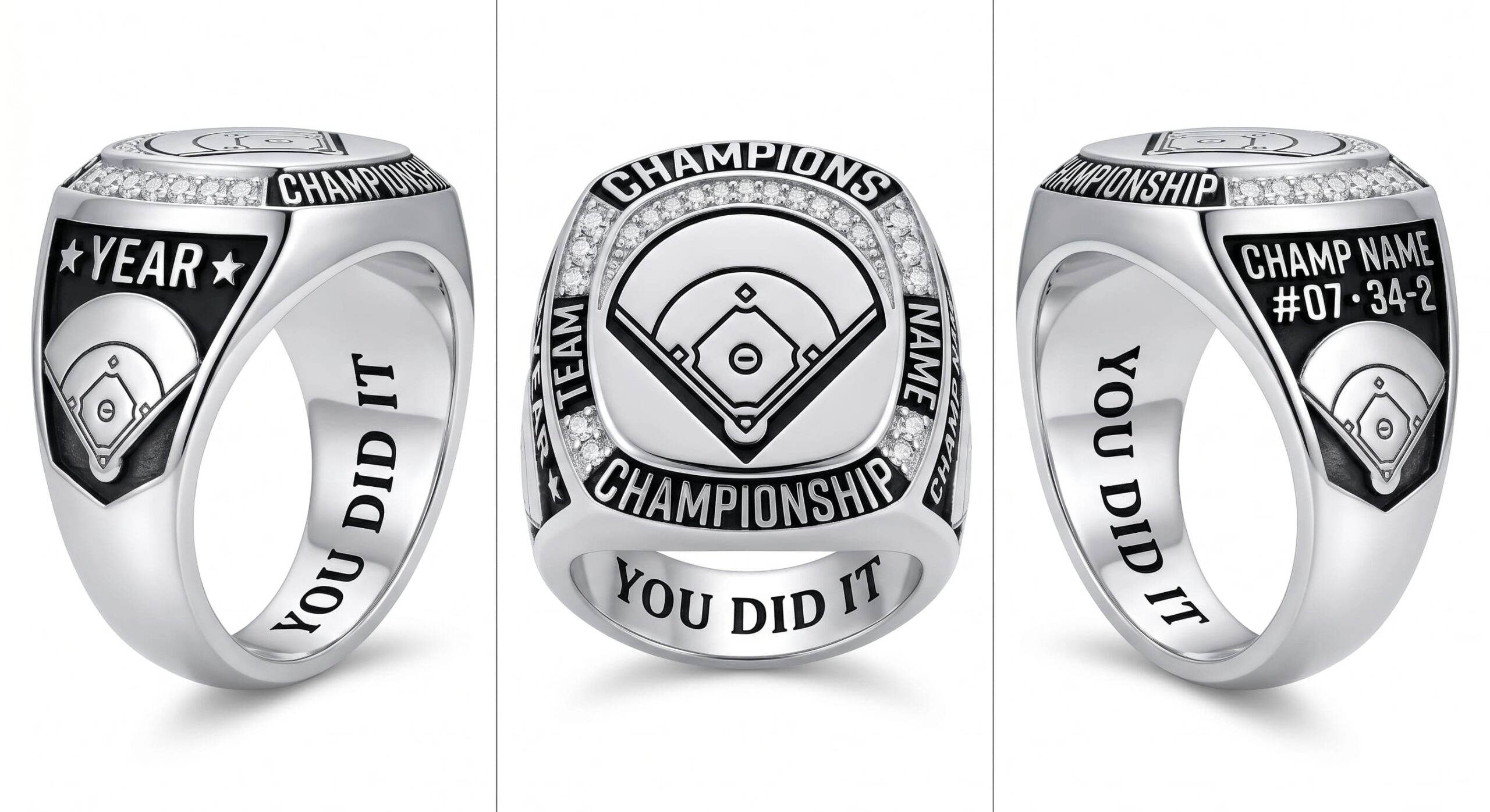 Grand Slam softball championship ring rink layout crystal pave three-panel view — ClassRingAI