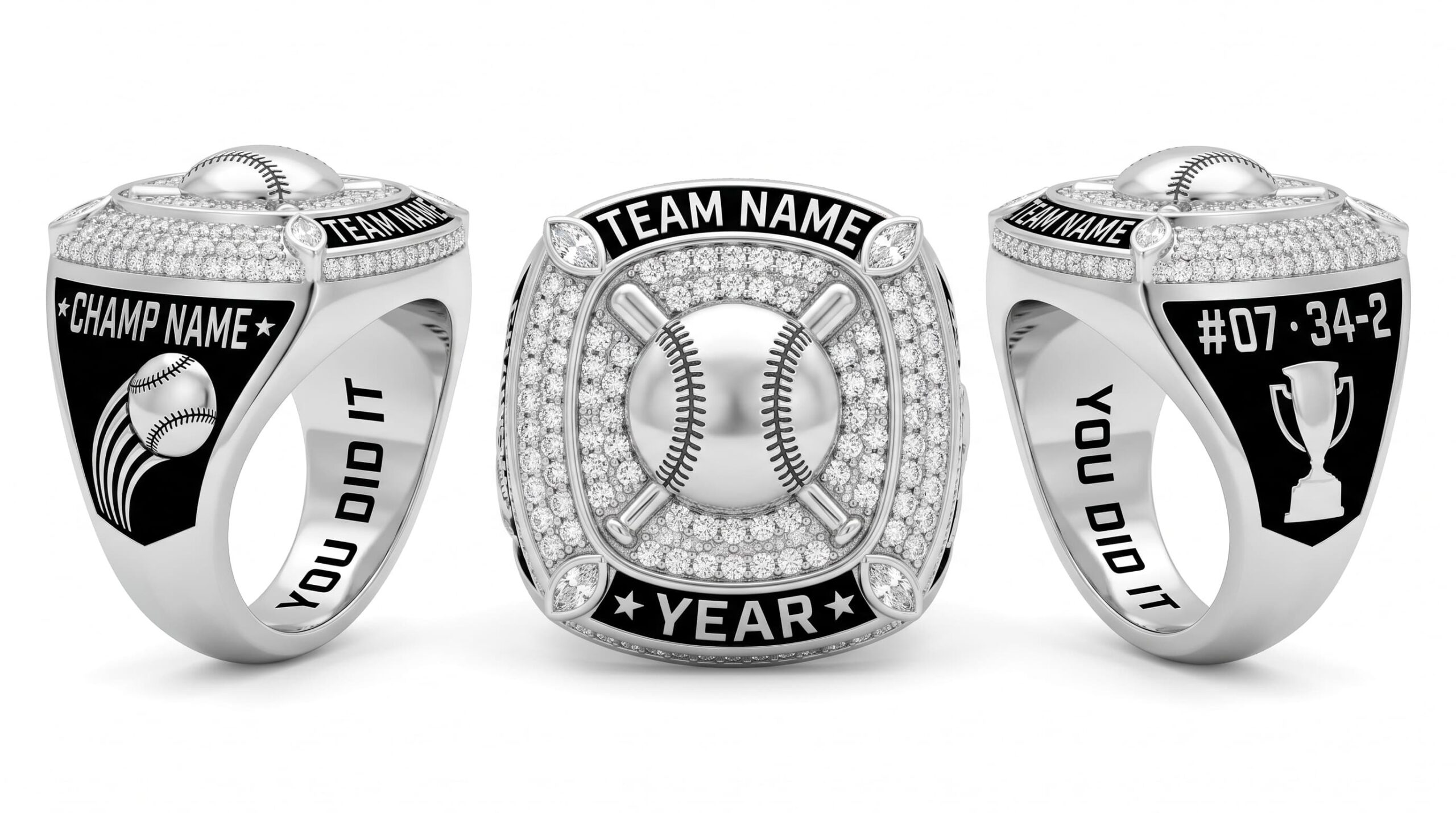 Perfect Game softball championship ring full pave white crystal three-panel view — ClassRingAI