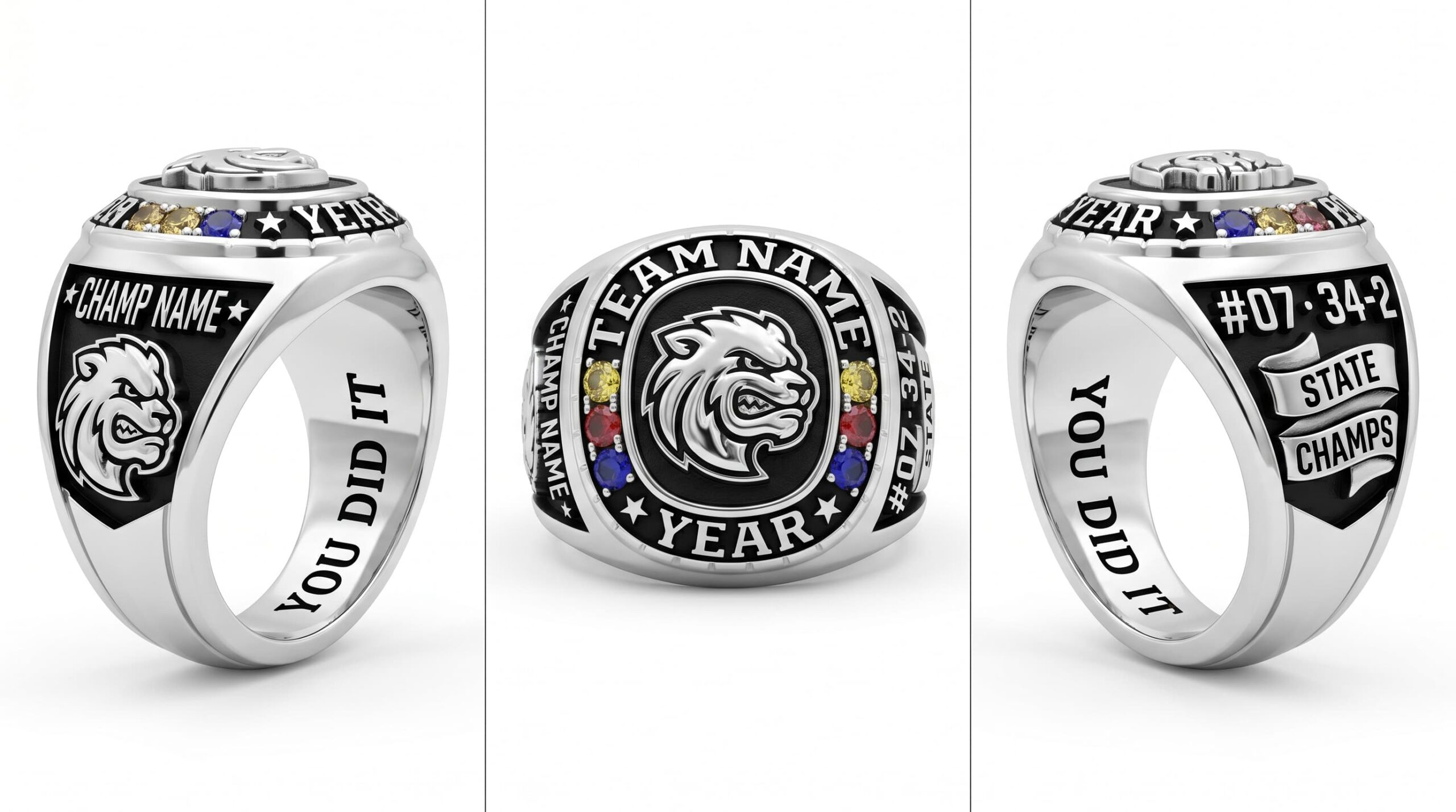Home Run Queen softball championship ring mascot crest team colors three-panel view — ClassRingAI